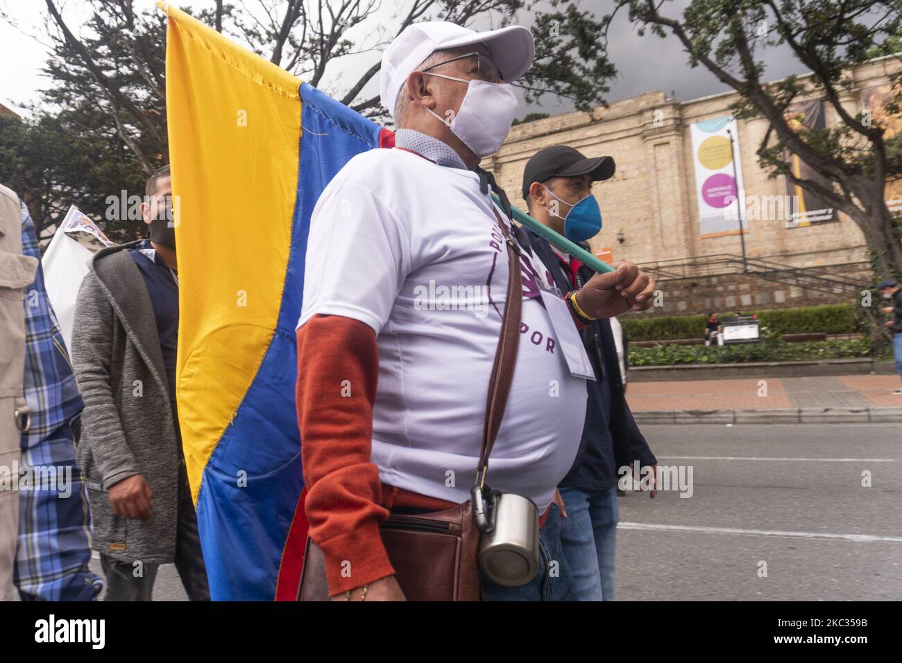 Former FARC guerrilla members take part in a demonstration demanding peace accords to be respected in front of the Colombian Supreme Court in Bogota on November 01, 2020 (Photo by Daniel Garzon Herazo/NurPhoto) Stock Photo