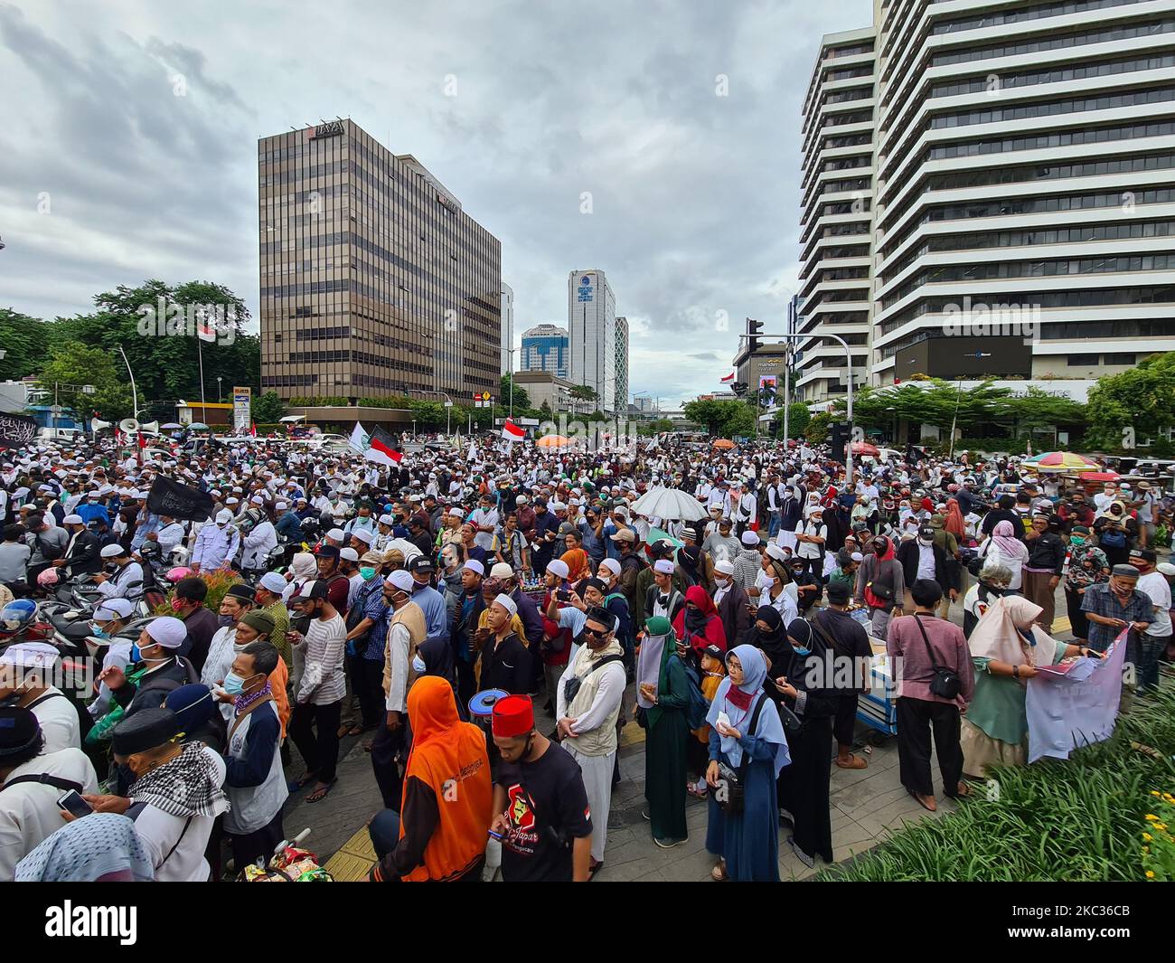 Thousands of Muslims in Jakarta, Indonesia, on November 2, 2020 held demonstration in front of French Embassy related to the statement from French President Emmanuel Macron about the allowing of using Prophet Muhammad Cartoon. They demand the French Embassy to get out from Indonesia. (Photo by Donal Husni/NurPhoto) Stock Photo