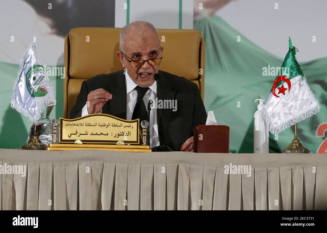 National Independent Elections Authority (ANIE) chief Mohamed Charfi delivers a speech in the capital Algiers on November 2, 2020. - Algerians approved a revised version of the North African country's constitution with two thirds of votes cast, the electoral commission said, after record low turnout in the previous day's referendum (Photo by Billal Bensalem/NurPhoto) Stock Photo