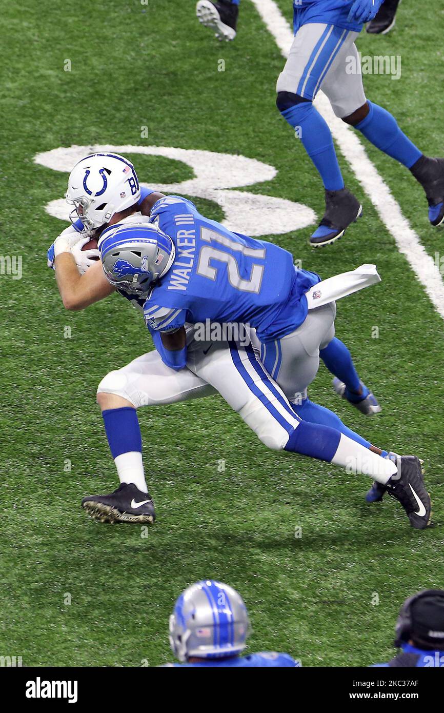 Indianapolis Colts tight end Jack Doyle (84) is tackled by Detroit Lions defensive back Tracy Walker (21) during the second half of an NFL football game against the Detroit Lions in Detroit, Michigan USA, on Sunday, November 1, 2020. (Photo by Amy Lemus/NurPhoto) Stock Photo