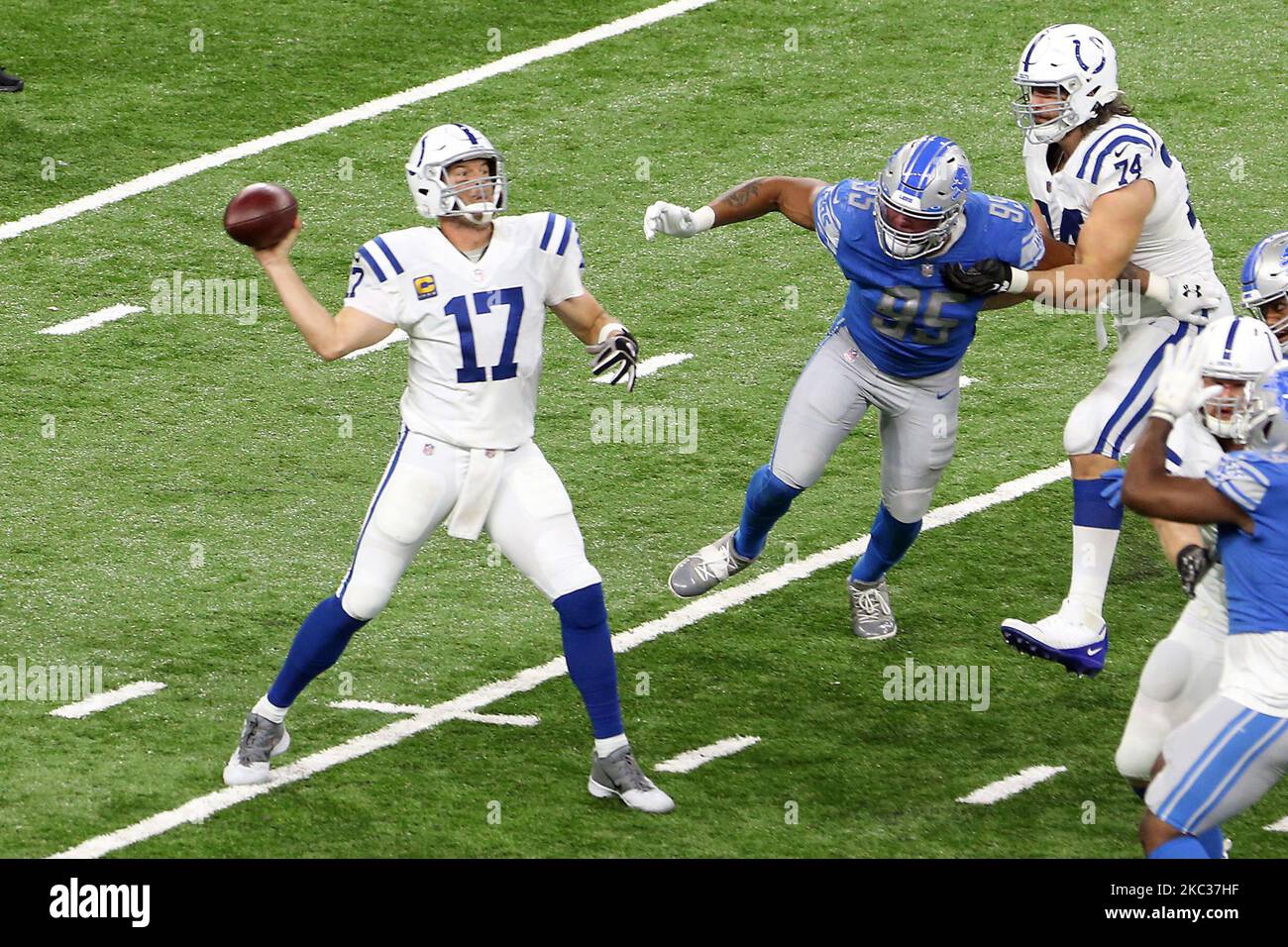 Indianapolis Colts quarterback Philip Rivers (17) throws the ball during the second half of an NFL football game against the Detroit Lions in Detroit, Michigan USA, on Sunday, November 1, 2020. (Photo by Amy Lemus/NurPhoto) Stock Photo