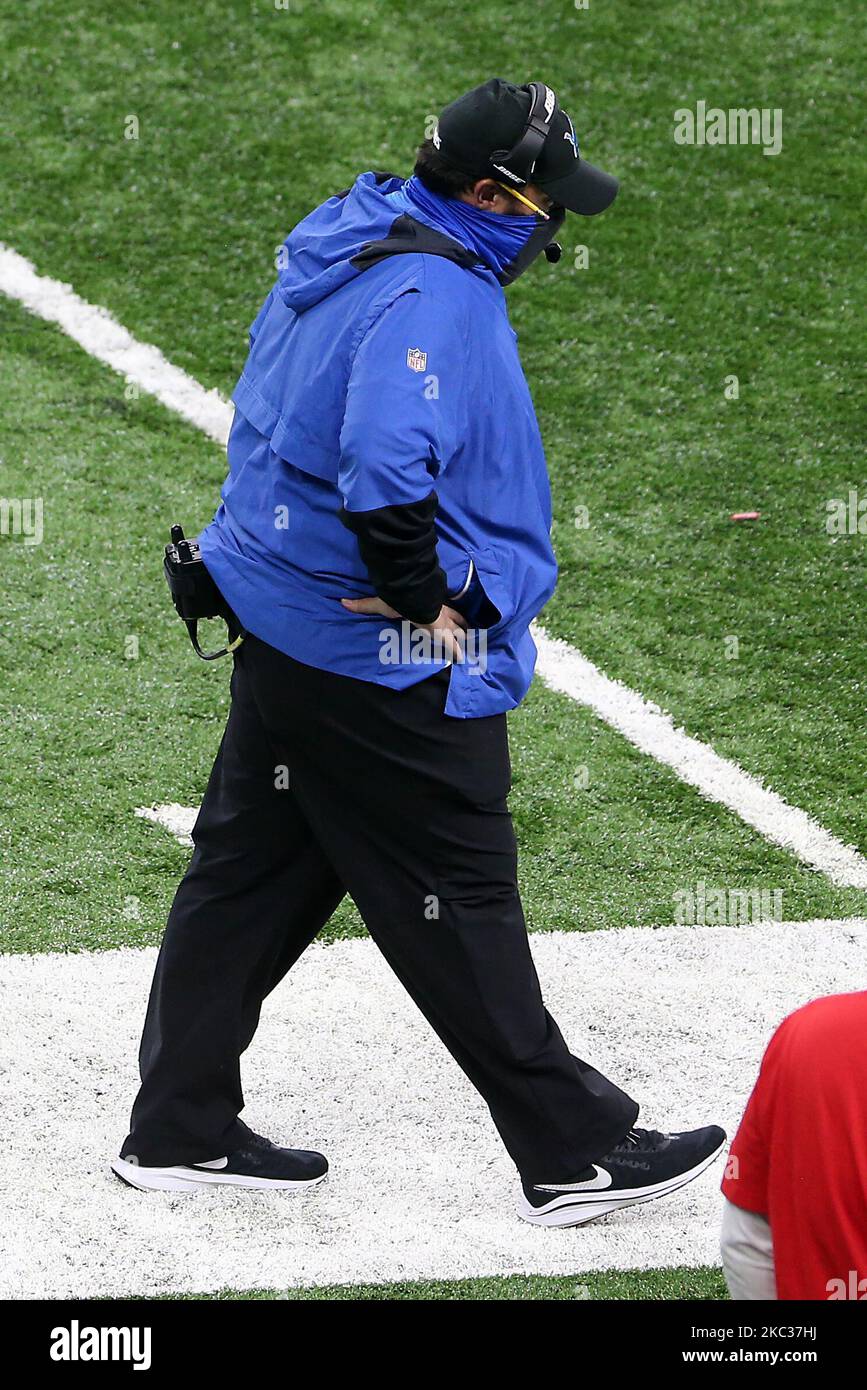 Detroit Lions head coach Matt Patricia walks along the sidelines during the second half of an NFL football game against the Indianapolis Colts in Detroit, Michigan USA, on Sunday, November 1, 2020. (Photo by Amy Lemus/NurPhoto) Stock Photo
