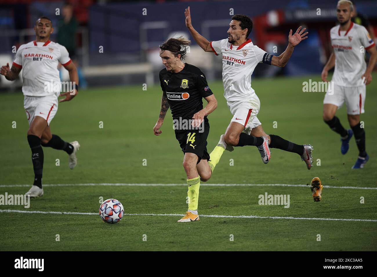 Anderlecht's Kristoffer Olsson and Club's Noa Lang fight for the ball  during a soccer match between RSC Anderlecht and Club Brugge KV, Sunday 03  Octob Stock Photo - Alamy