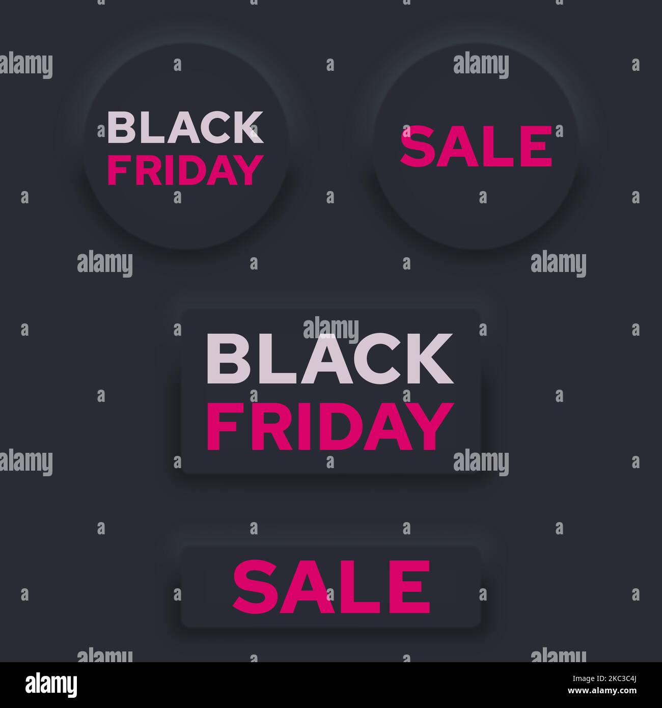 Round and rectangular buttons with black Friday in neomorphism style. Stock Vector