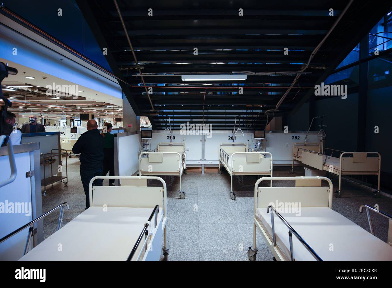 Beds are seen in the temporary field hospital in the National Stadium