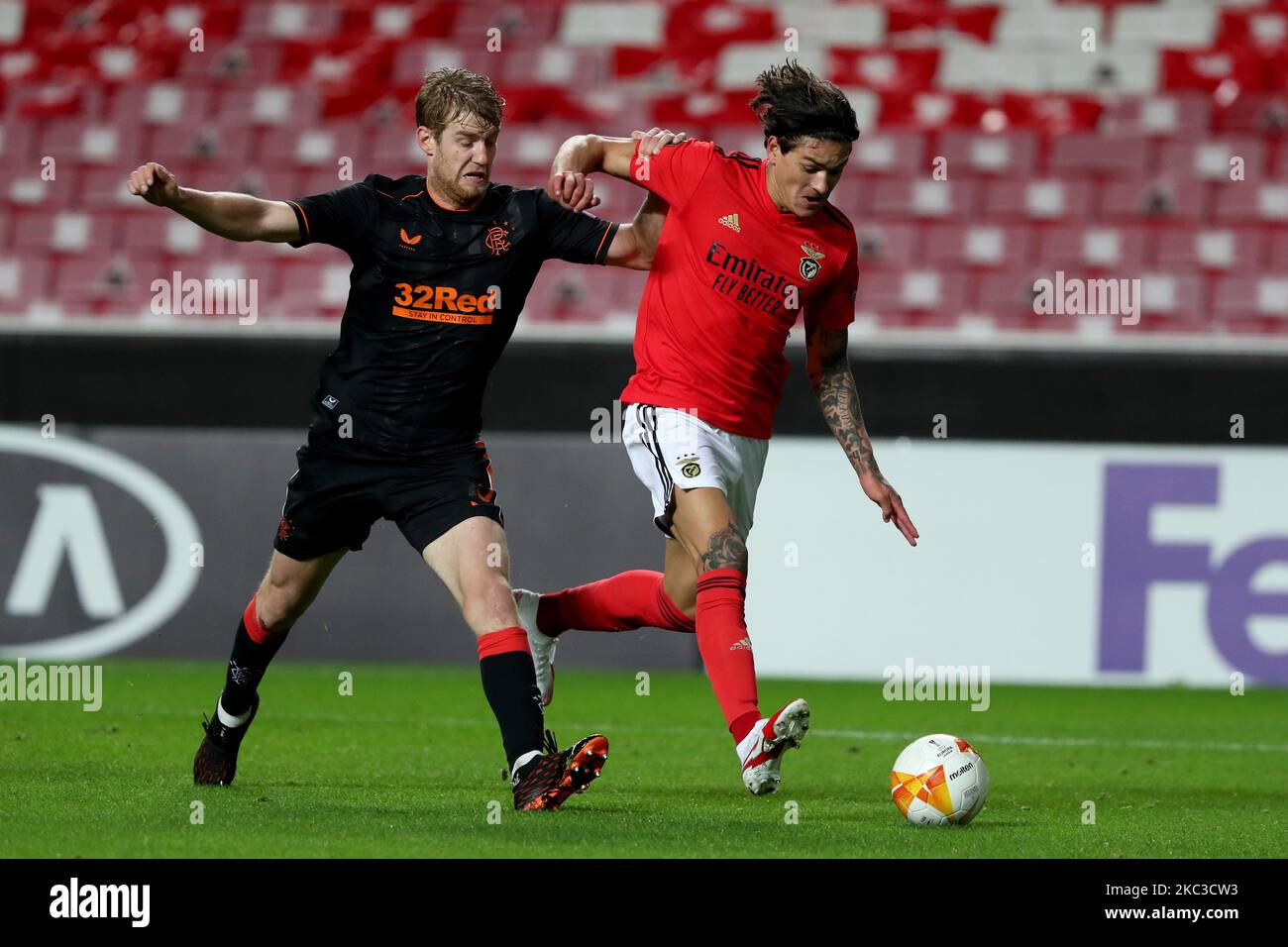 Darwin Nunez of SL Benfica (R ) vies with Filip Helander of Rangers FC during the UEFA Europa League group D football match between SL Benfica and Rangers FC at the Luz stadium in Lisbon, Portugal on November 5, 2020. (Photo by Pedro FiÃºza/NurPhoto) Stock Photo