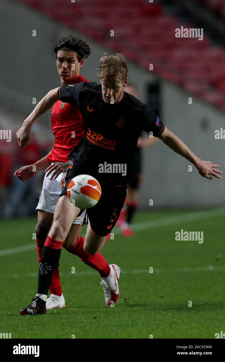 Filip Helander of Rangers FC (R ) vies with Darwin Nunez of SL Benfica during the UEFA Europa League group D football match between SL Benfica and Rangers FC at the Luz stadium in Lisbon, Portugal on November 5, 2020. (Photo by Pedro FiÃºza/NurPhoto) Stock Photo