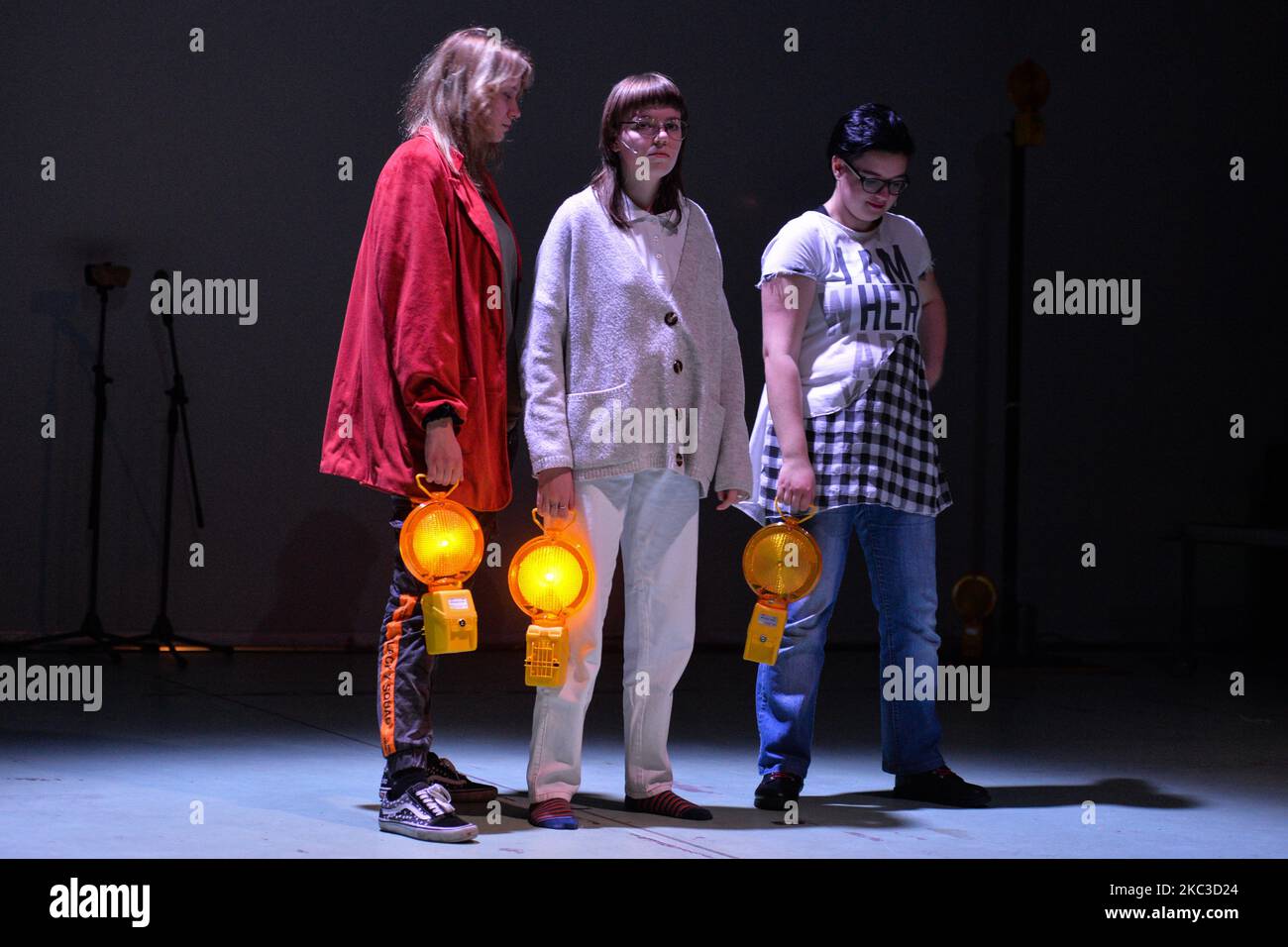 Actresses (L-R) Patrycja Andrychowicz , Agnieszka Wojcik i Martyna Flakowicz during the rehearsal of the performance 'We Are the Future' directed by Jakub Skrzywanek, as part of the 24th International Festival of Theaters for Children and Youth KORCZAK TODAY (On-Line), at the Nowy Theater in Krakow. From tomorrow, new restrictions will apply in Poland. All theaters, museums, and galleries will be closed, and primary schools will be launched online as part of the new measures announced by PM Mateusz Morawiecki, on Wednesday November 4, to counter the sharp increase in the coronavirus infection  Stock Photo
