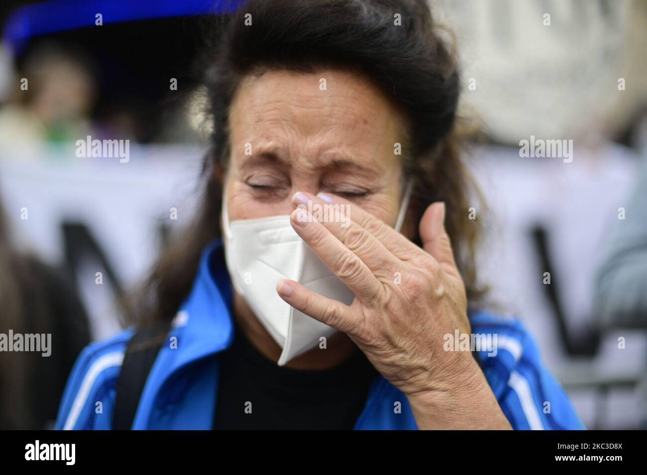 Nina Mckissock, of a old City, Philadelphia tears up as she watches a spontaneous dance party happen outside the ballot counting center in Philadelphia, PA, on November 5, 2020. (Photo by Bastiaan Slabbers/NurPhoto) Stock Photo