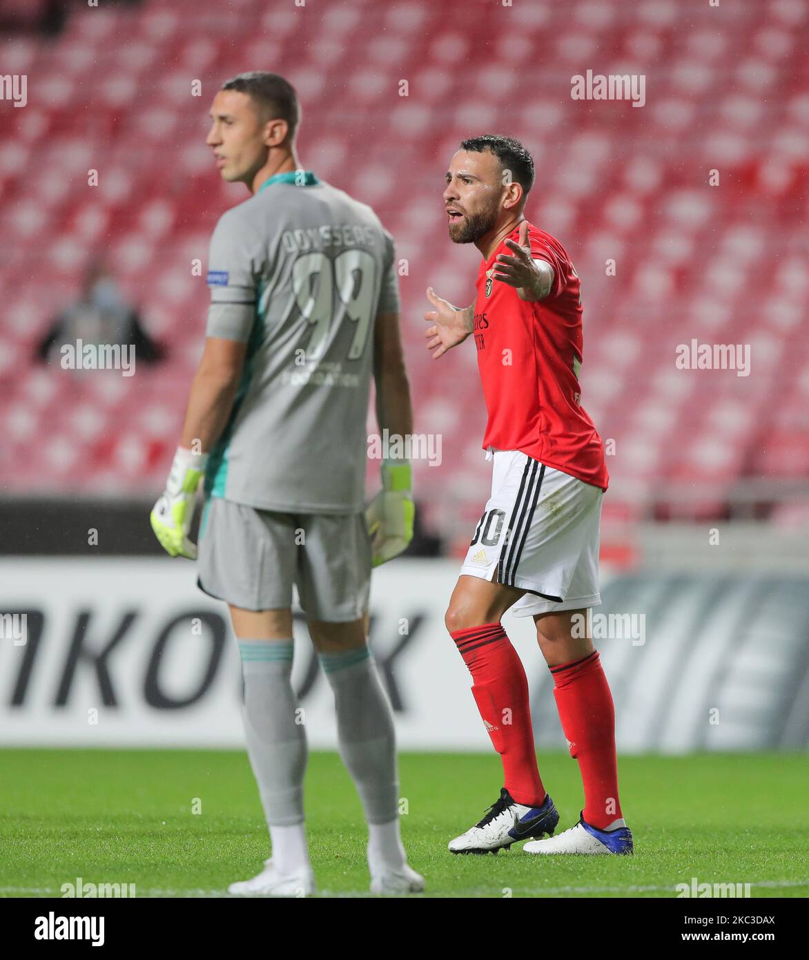 Nicolas Otamendi of SL Benfica after take a red card during the UEFA Europa League Group D stage match between SL Benfica and Rangers FC at Estadio da Luz on November 5, 2020 in Lisbon, Portugal. (Photo by Paulo Nascimento/NurPhoto) Stock Photo