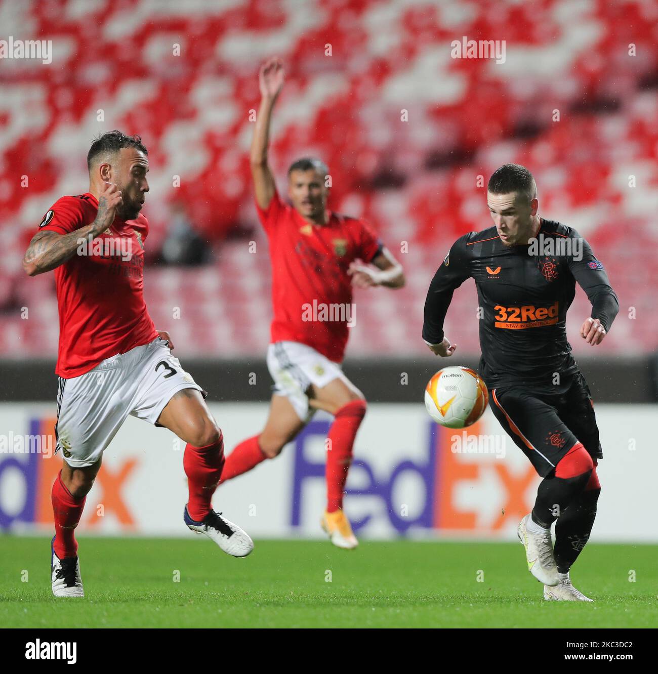 Nicolas Otamendi (L) of SL Benfica vies Ryan Jack (R) of Rangers FC during the UEFA Europa League Group D stage match between SL Benfica and Rangers FC at Estadio da Luz on November 5, 2020 in Lisbon, Portugal. (Photo by Paulo Nascimento/NurPhoto) Stock Photo