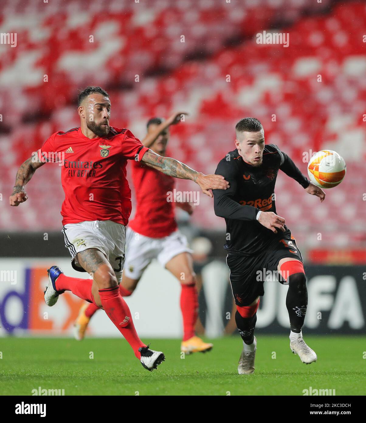 Nicolas Otamendi (L) of SL Benfica vies Ryan Jack (R) of Rangers FC during the UEFA Europa League Group D stage match between SL Benfica and Rangers FC at Estadio da Luz on November 5, 2020 in Lisbon, Portugal. (Photo by Paulo Nascimento/NurPhoto) Stock Photo