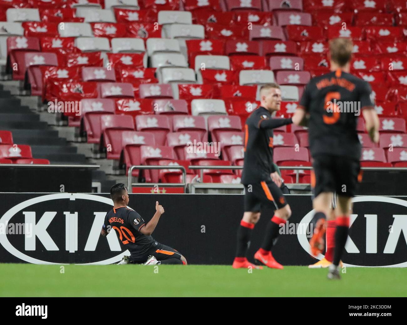 Alfredo Morelos of Rangers FC celebrates after scoring a goal during the UEFA Europa League Group D stage match between SL Benfica and Rangers FC at Estadio da Luz on November 5, 2020 in Lisbon, Portugal. (Photo by Paulo Nascimento/NurPhoto) Stock Photo