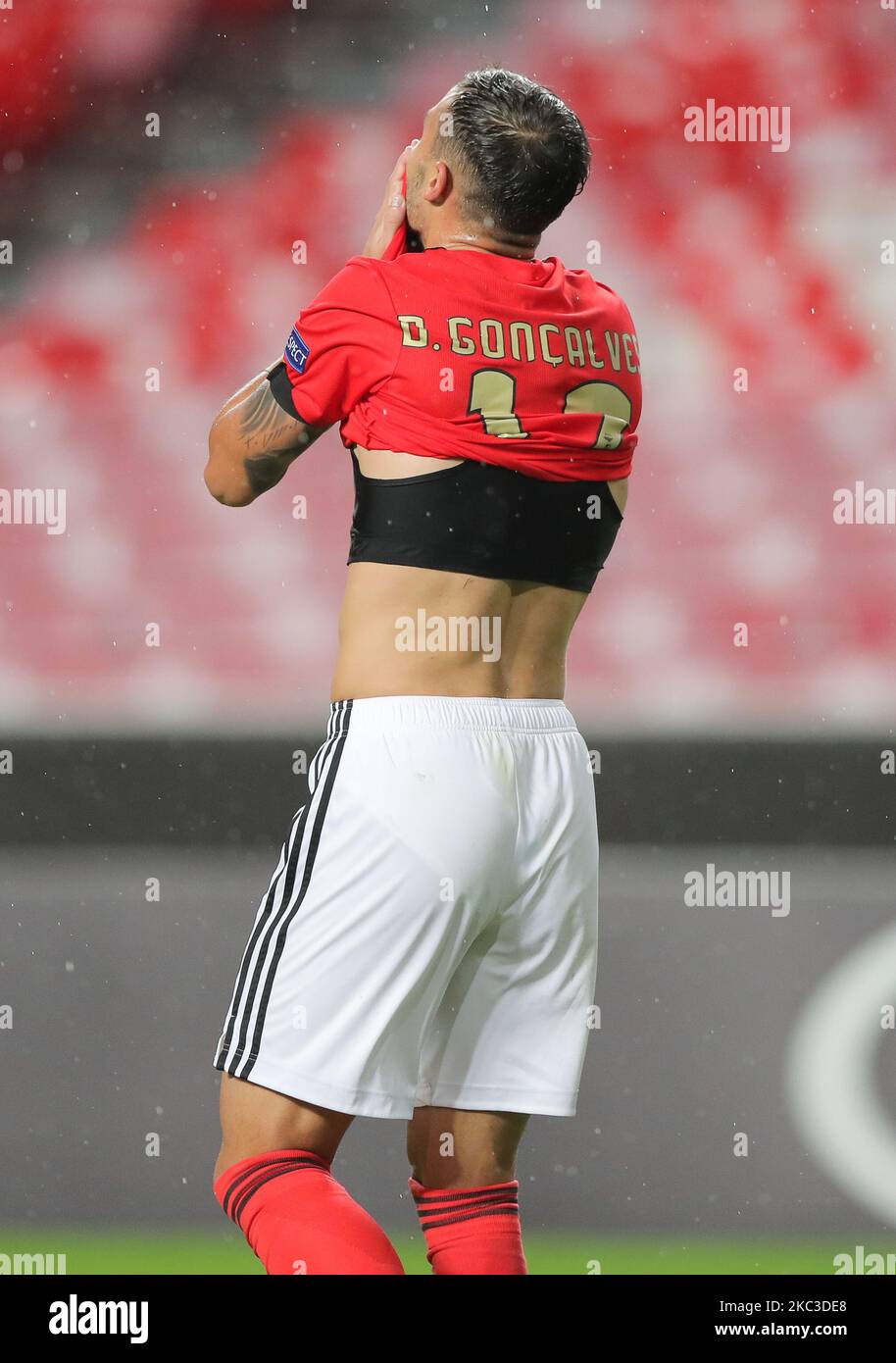 Diogo Goncalves of SL Benfica after scoring a own goal during the UEFA Europa League Group D stage match between SL Benfica and Rangers FC at Estadio da Luz on November 5, 2020 in Lisbon, Portugal. (Photo by Paulo Nascimento/NurPhoto) Stock Photo