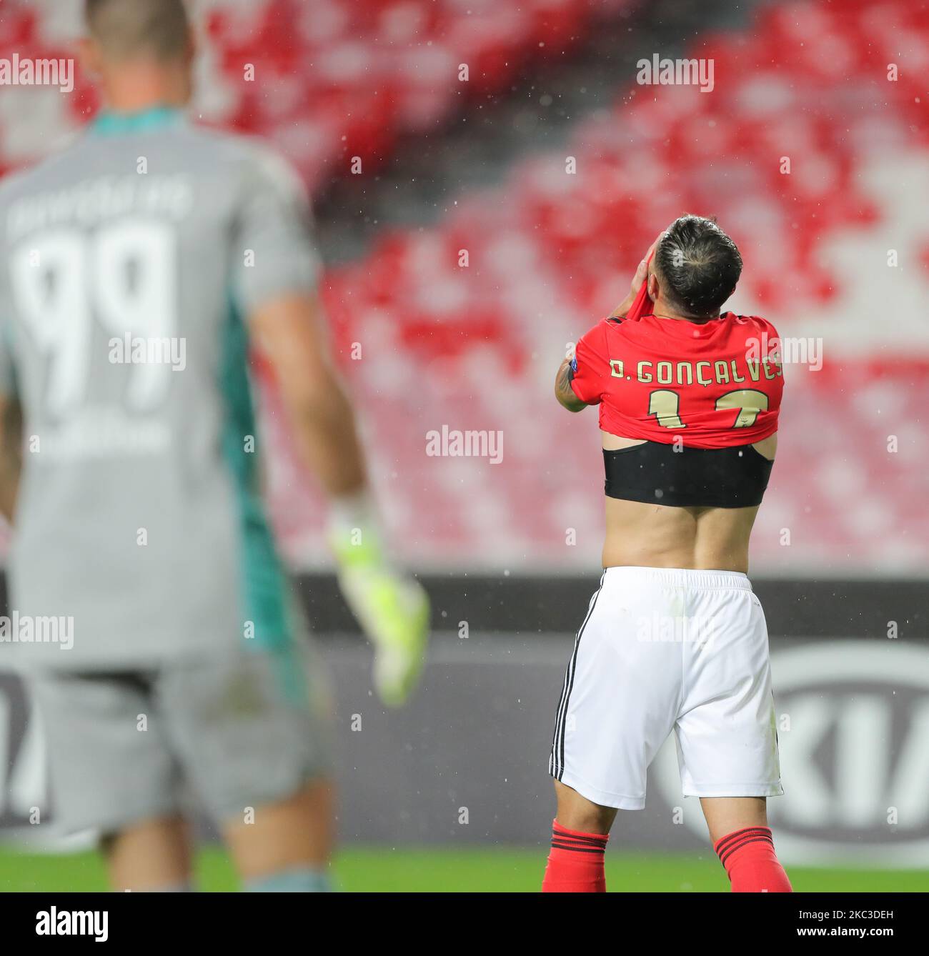 Diogo Goncalves of SL Benfica after scoring a own goal during the UEFA Europa League Group D stage match between SL Benfica and Rangers FC at Estadio da Luz on November 5, 2020 in Lisbon, Portugal. (Photo by Paulo Nascimento/NurPhoto) Stock Photo