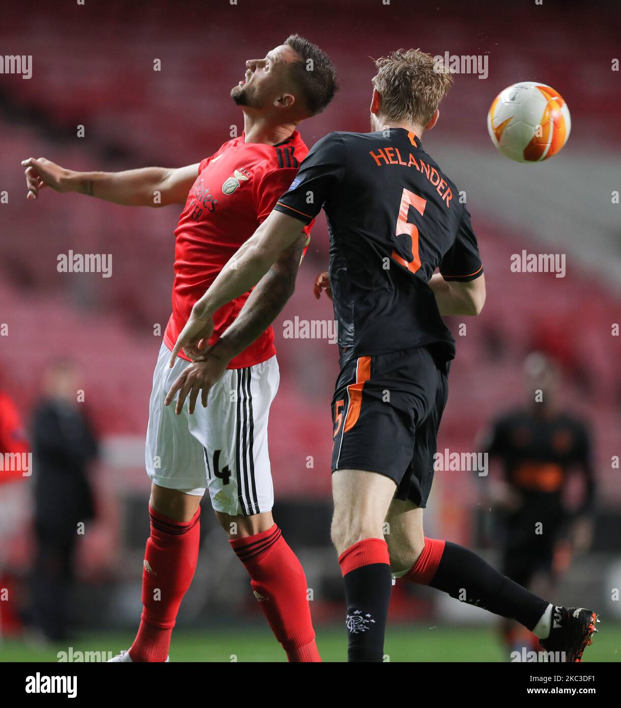 Haris Seferovic (L) of SL Benfica and Filip Helander (R) of Rangers FC during the UEFA Europa League Group D stage match between SL Benfica and Rangers FC at Estadio da Luz on November 5, 2020 in Lisbon, Portugal. (Photo by Paulo Nascimento/NurPhoto) Stock Photo
