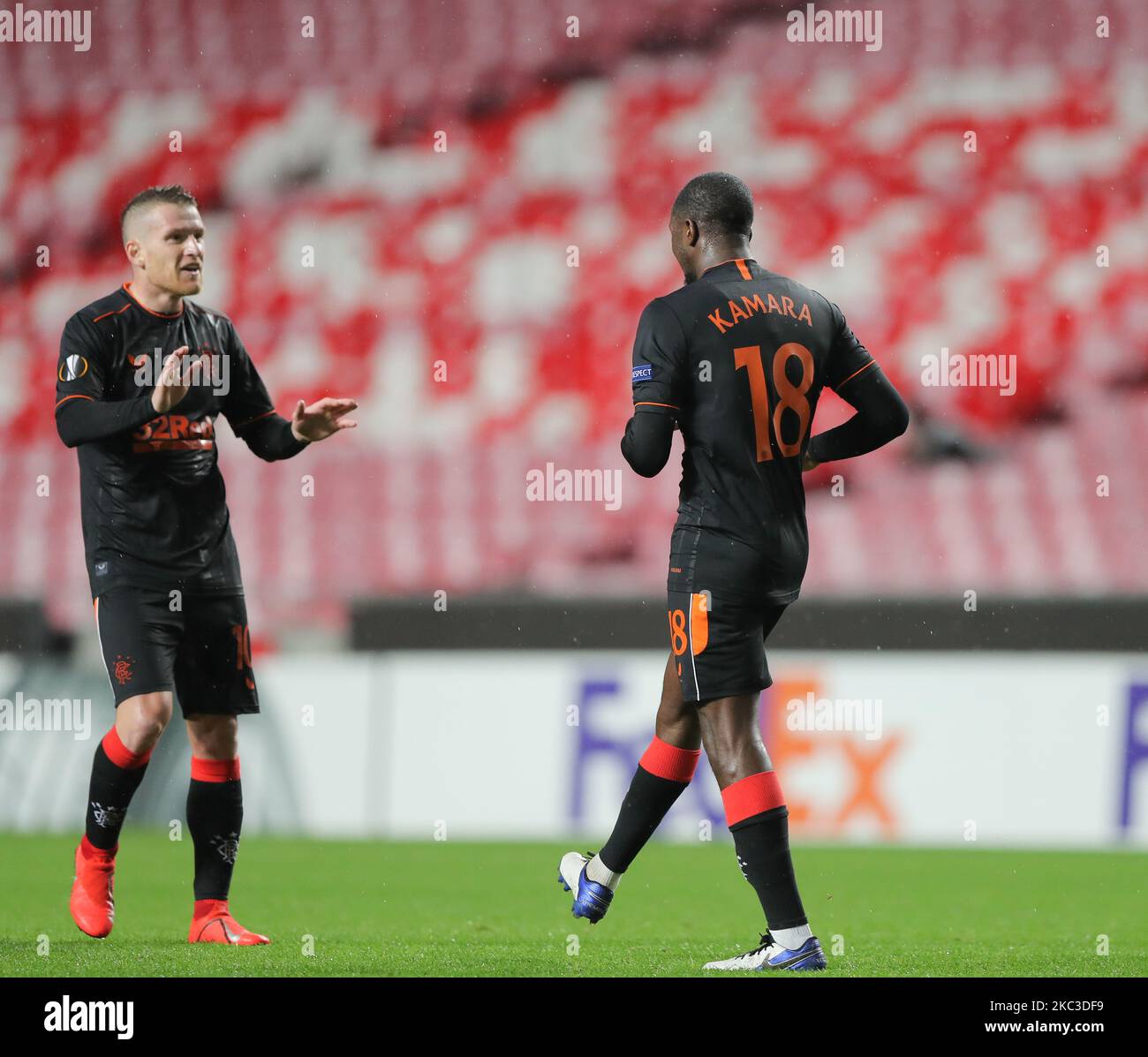 Glen Kamara of Rangers FC celebrates after scoring a goal during the UEFA Europa League Group D stage match between SL Benfica and Rangers FC at Estadio da Luz on November 5, 2020 in Lisbon, Portugal. (Photo by Paulo Nascimento/NurPhoto) Stock Photo