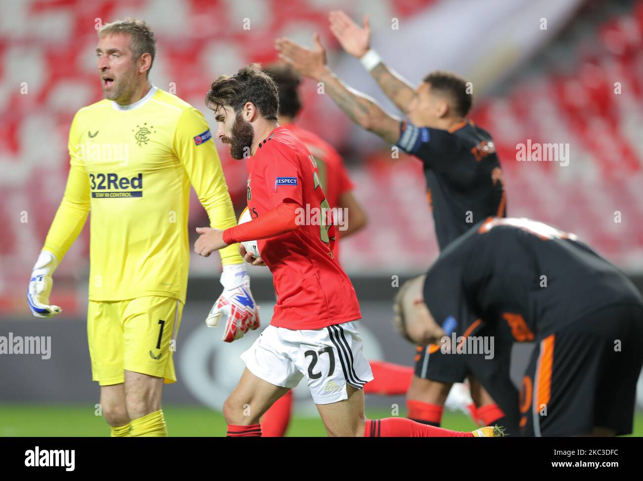 Rafa Silva of SL Benfica after scoring a goal during the UEFA Europa League Group D stage match between SL Benfica and Rangers FC at Estadio da Luz on November 5, 2020 in Lisbon, Portugal. (Photo by Paulo Nascimento/NurPhoto) Stock Photo