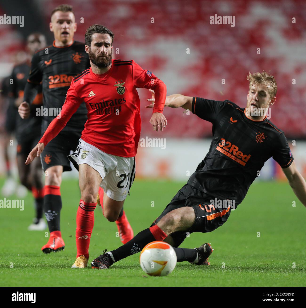 Ryan Jack of Rangers FC in action FC vies Rafa Silva(R) of SL Benfica during the UEFA Europa League Group D stage match between SL Benfica and Rangers FC at Estadio da Luz on November 5, 2020 in Lisbon, Portugal. (Photo by Paulo Nascimento/NurPhoto) Stock Photo