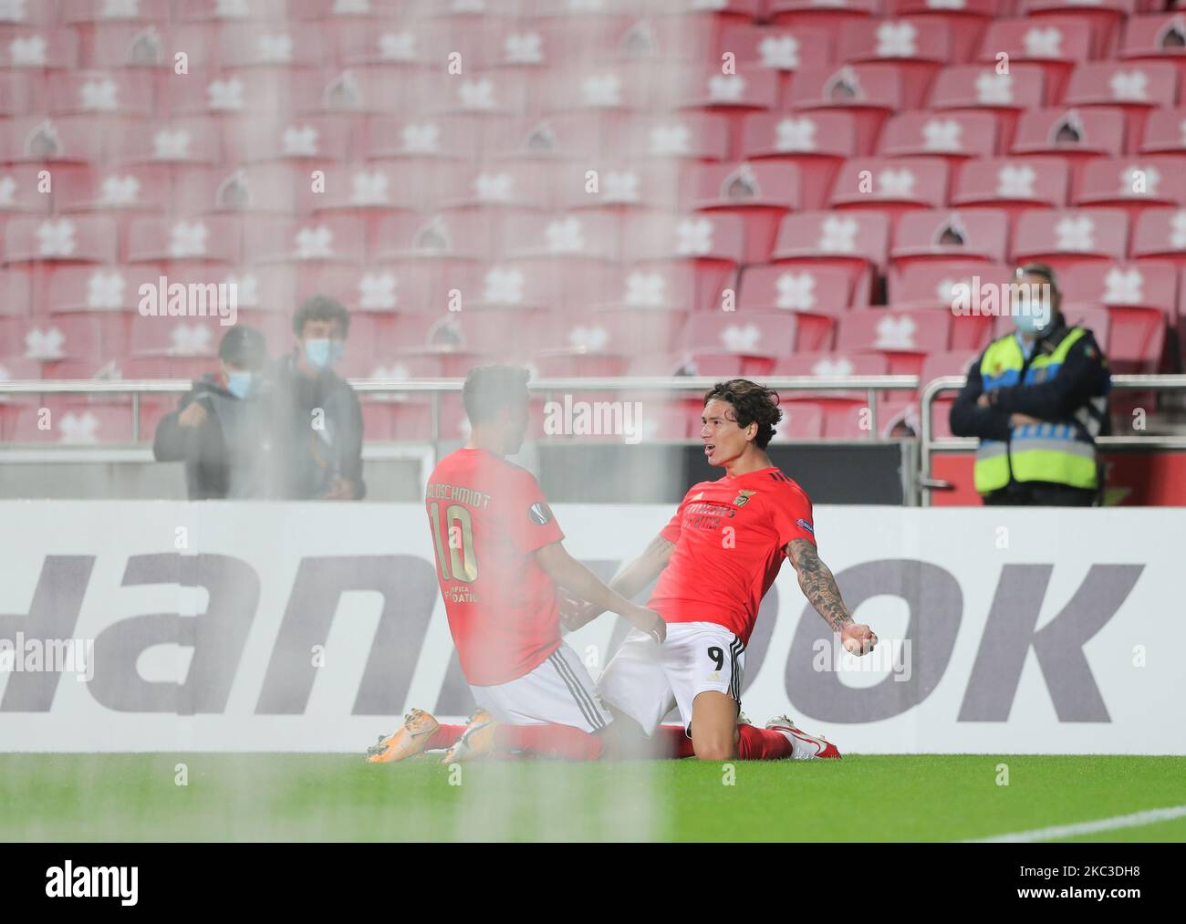 Darwin Nunez Luis of SL Benfica celebrates after scoring a goal during the UEFA Europa League Group D stage match between SL Benfica and Rangers FC at Estadio da Luz on November 5, 2020 in Lisbon, Portugal. (Photo by Paulo Nascimento/NurPhoto) Stock Photo