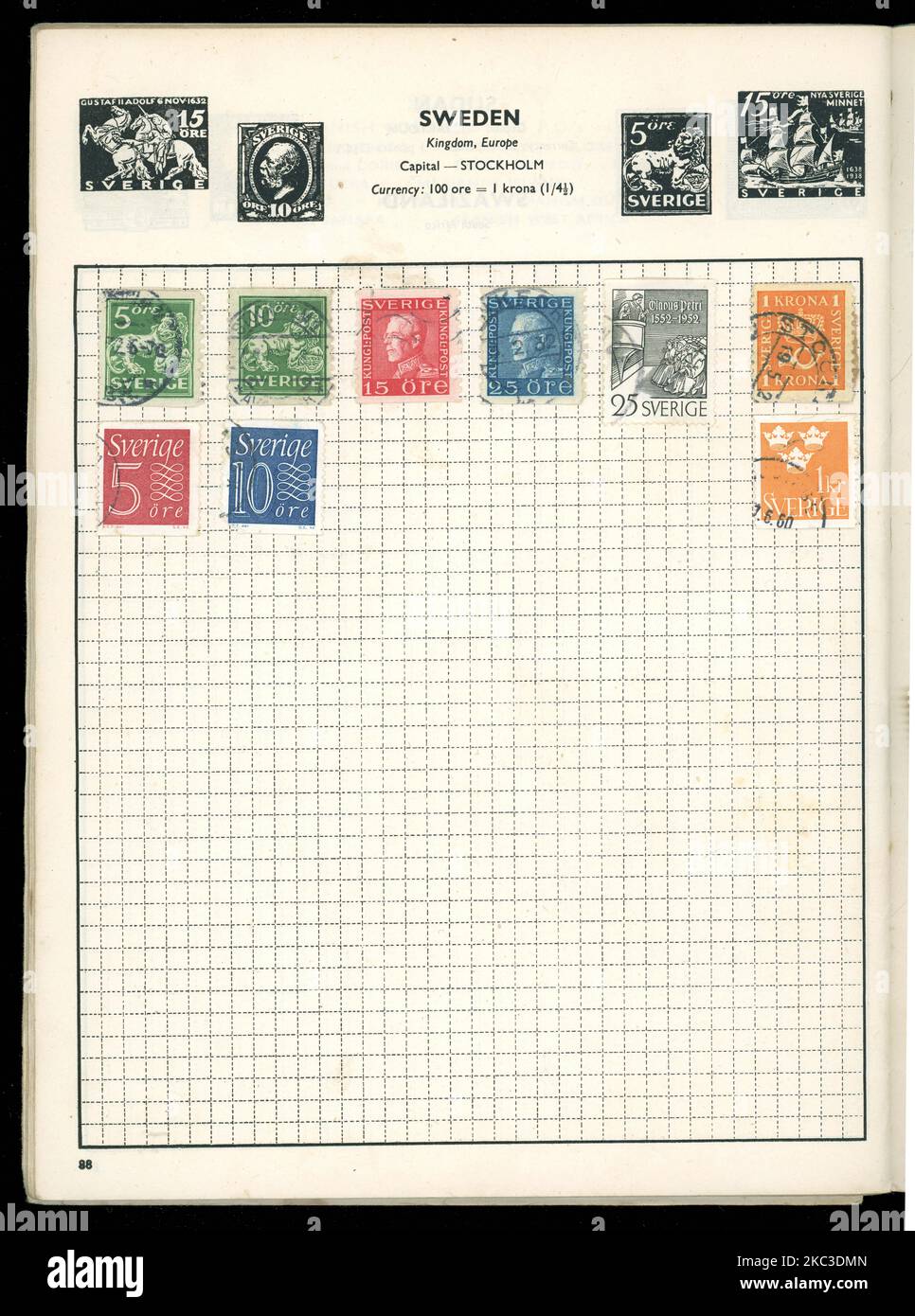 Original page from a vintage stamp album (Gay Venture by Stanley Gibbons) with stamps from Sweden some dated 1952, one 1960. Stock Photo
