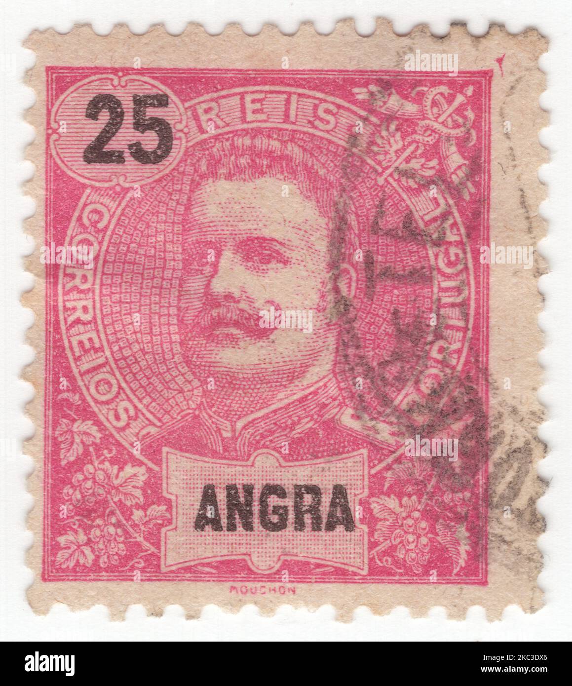 ANGRA - 1899: An 25 reis carmine-rose postage stamp showing portrait of Dom Carlos I, known as the Diplomat, the Martyr, and the Oceanographer, among many other names, was the King of Portugal from 1889 until his assassination in 1908 Stock Photo