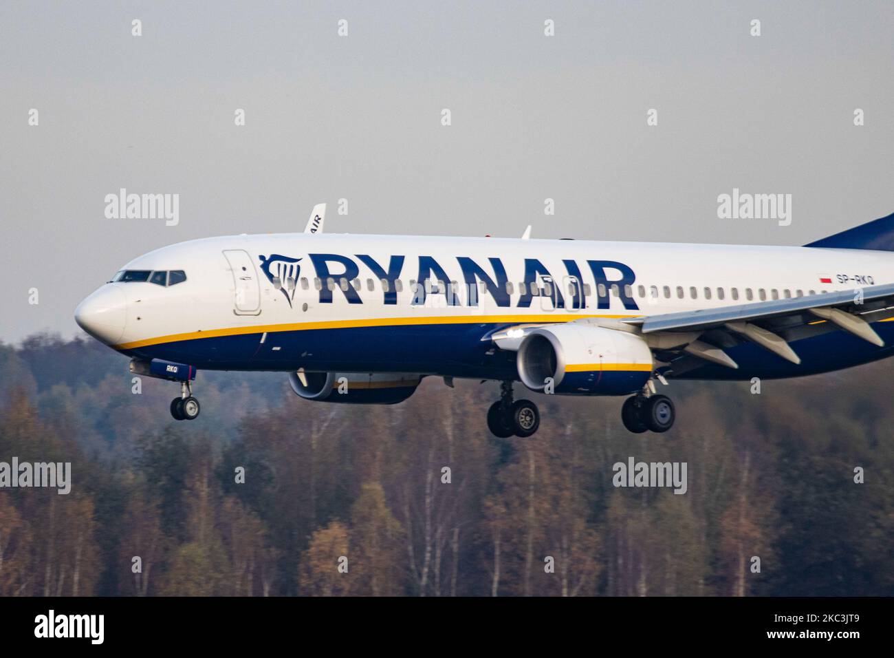 A Ryanair Boeing 737-800 aircraft as seen on final approach flying, touching down and taxiing in Eindhoven EIN EHEH Airport in the Netherlands. The narrow body airplane has the registration SP-RKQ and belongs to Buzz Airline, a Polish carrier headquartered in Warsaw. Formerly called Ryanair Sun a subsidiary of the Irish low cost budget airline company Ryanair. The flights and passenger traffic in Eindhoven is reduced because of the Covid-19 Coronavirus pandemic and the lockdowns applied in multiple European Countries. Eindhoven, Netherlands on November 8, 2020 (Photo by Nicolas Economou/NurPho Stock Photo