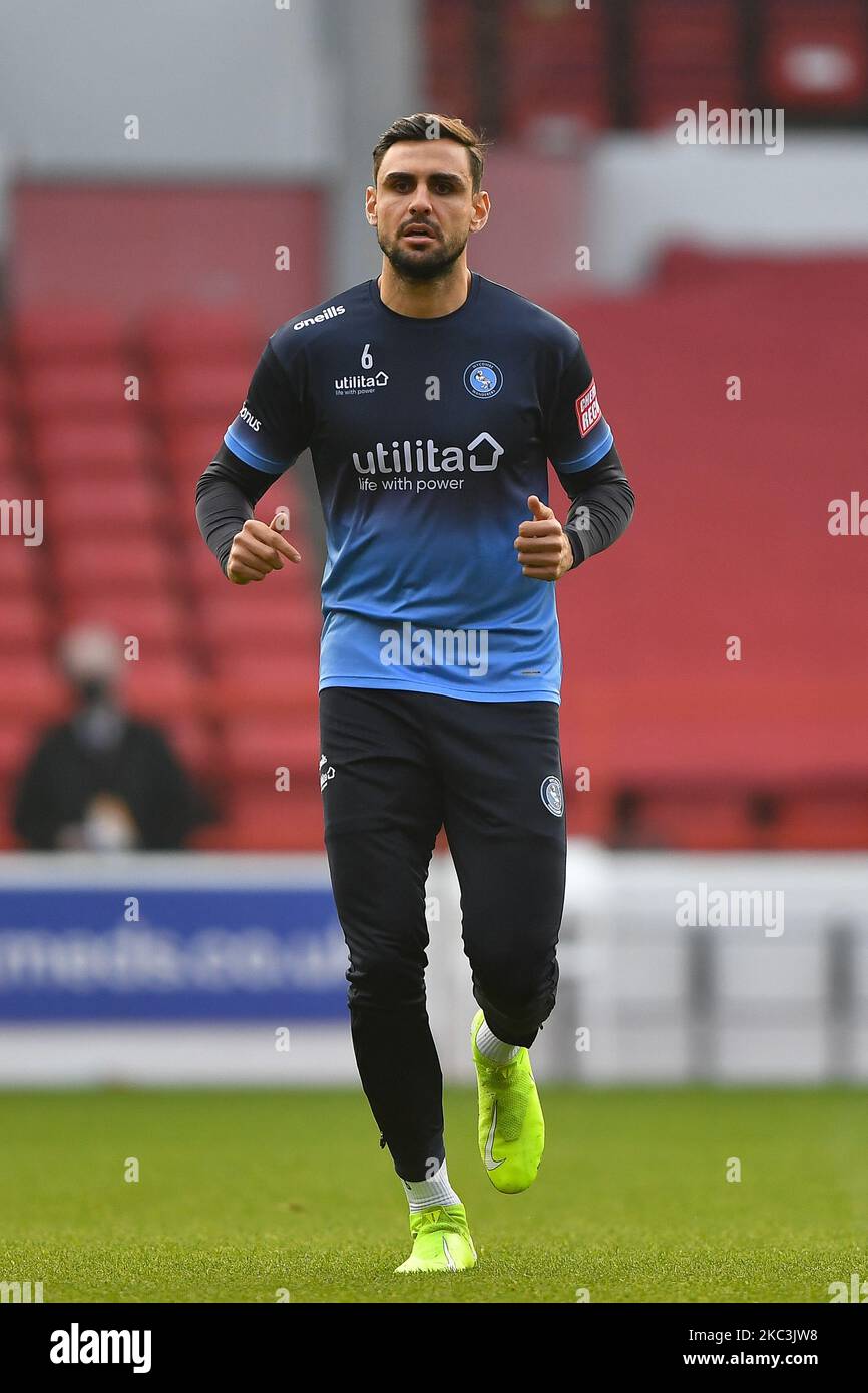 Ryan Tafazolli of Wycombe Wanderers warms up ahead of kick-off during the Sky Bet Championship match between Nottingham Forest and Wycombe Wanderers at the City Ground, Nottingham, England on 7th November 2020. (Photo by Jon Hobley/MI News/NurPhoto) Stock Photo