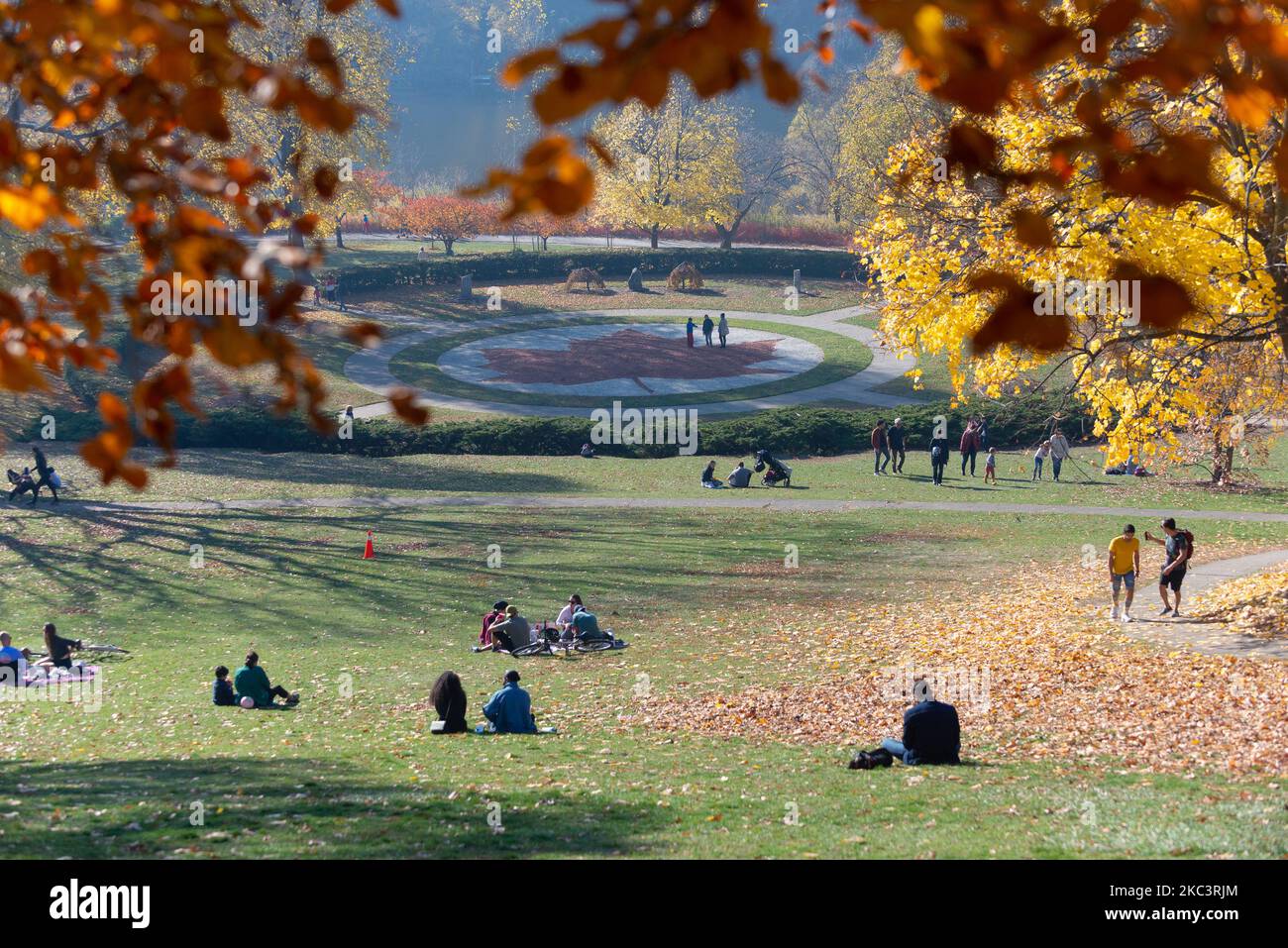People enjoying a sunny day in High Park during unusually warm weather with temperatures reach 20 degrees Celsius on November 10, 2020 in High Park, Toronto, Canada. (Photo by Anatoliy Cherkasov/NurPhoto) Stock Photo