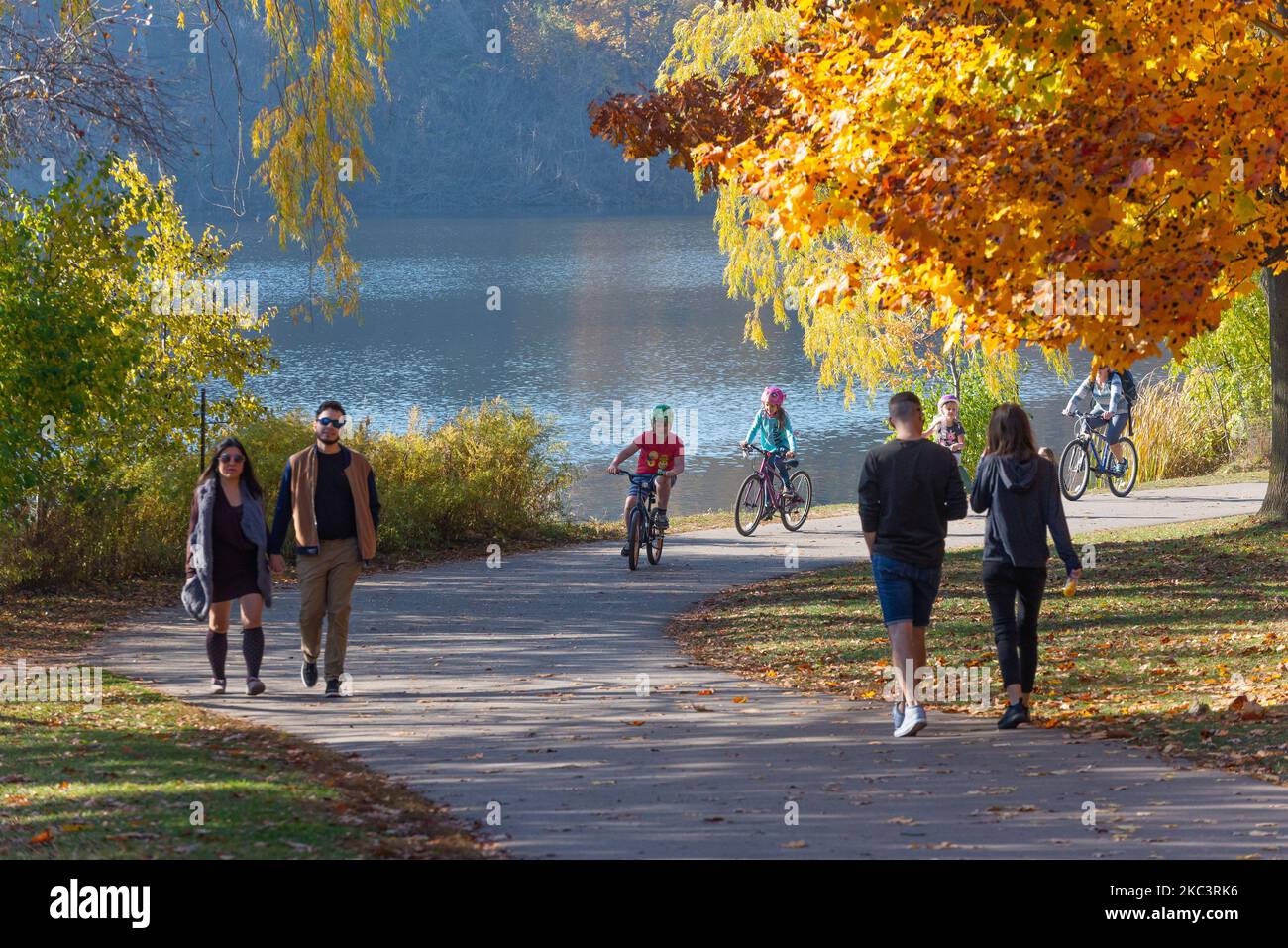 People enjoying a sunny day in High Park during unusually warm weather with temperatures reach 20 degrees Celsius on November 10, 2020 in High Park, Toronto, Canada. (Photo by Anatoliy Cherkasov/NurPhoto) Stock Photo