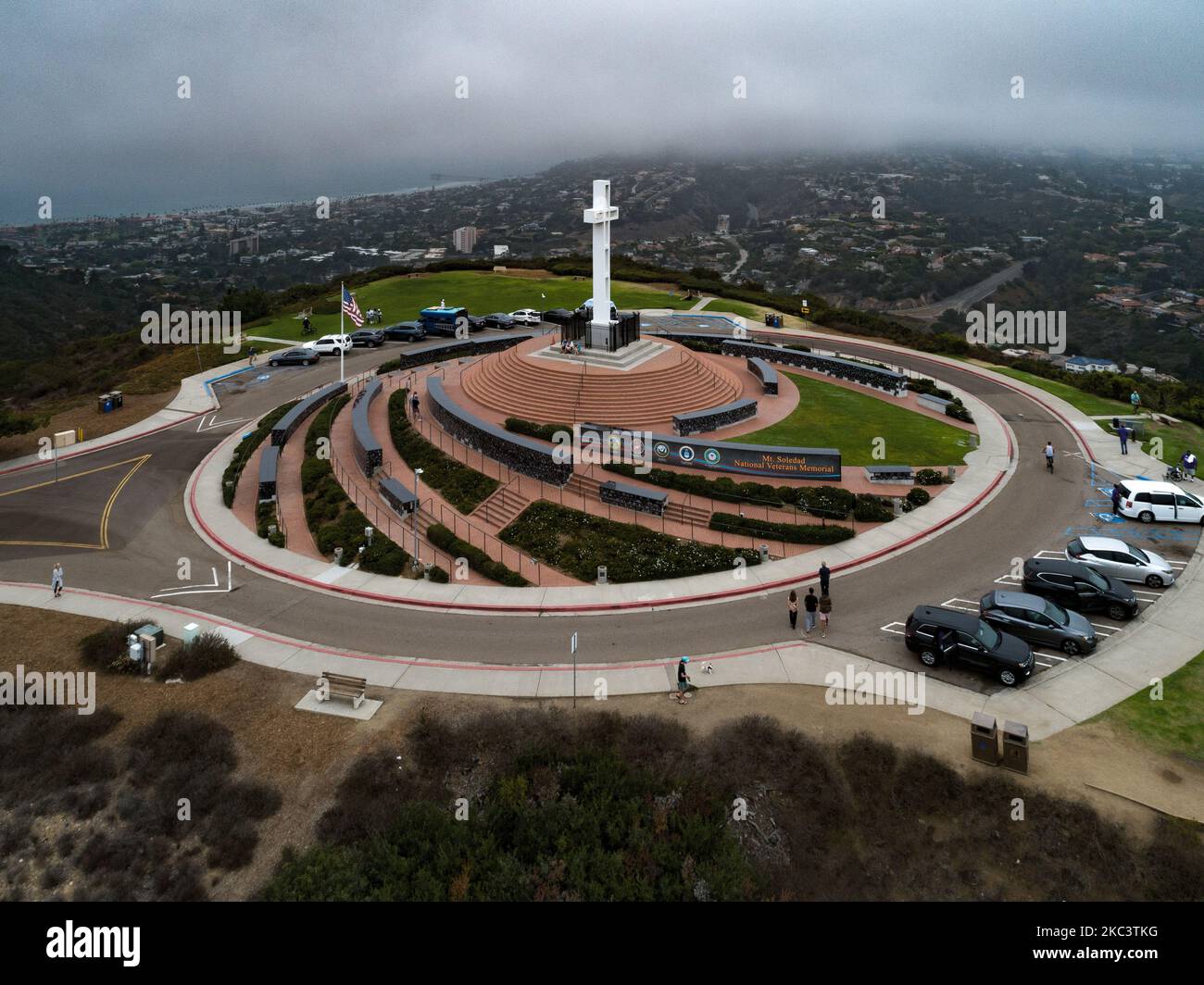 An Aerial view of Mt. Soledad National Veterans Memorial with misty