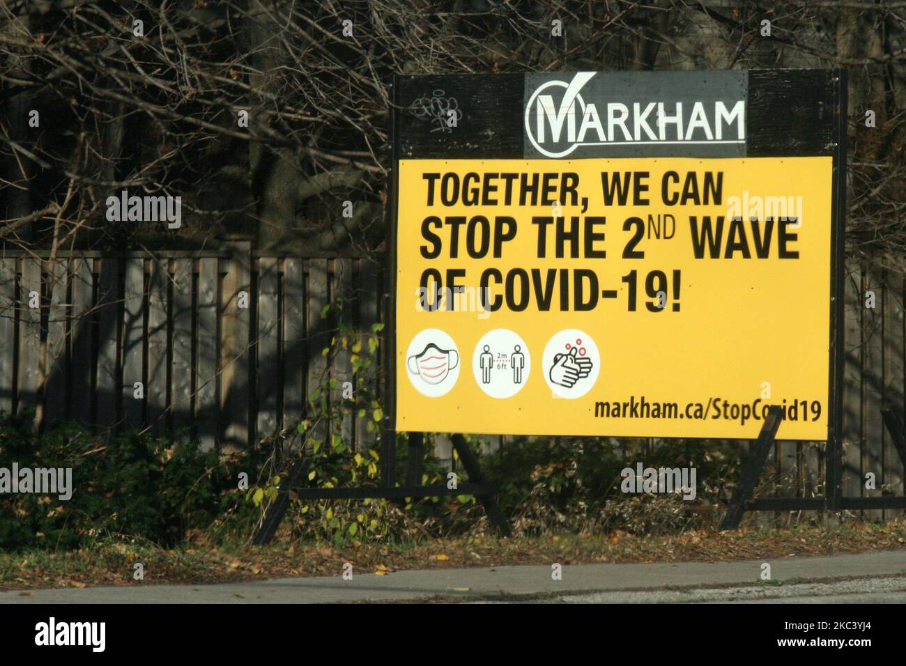 Sign urging people to do what they can to stop the second wave of the novel coronavirus (COVID-19) in Markham, Ontario, Canada on November 12, 2020. Ontario reported 1,575 new COVID-19 cases today and 18 more deaths, setting a new single-day record for daily cases reported in a 24-hour period since the start of the pandemic. New modeling projections warn that Ontario could see 6,500 daily cases of COVID-19 by mid-December. The projections also suggest that the number of COVID-19 patients in intensive care units will exceed the 150 threshold within two weeks, overwhelming some hospitals and for Stock Photo