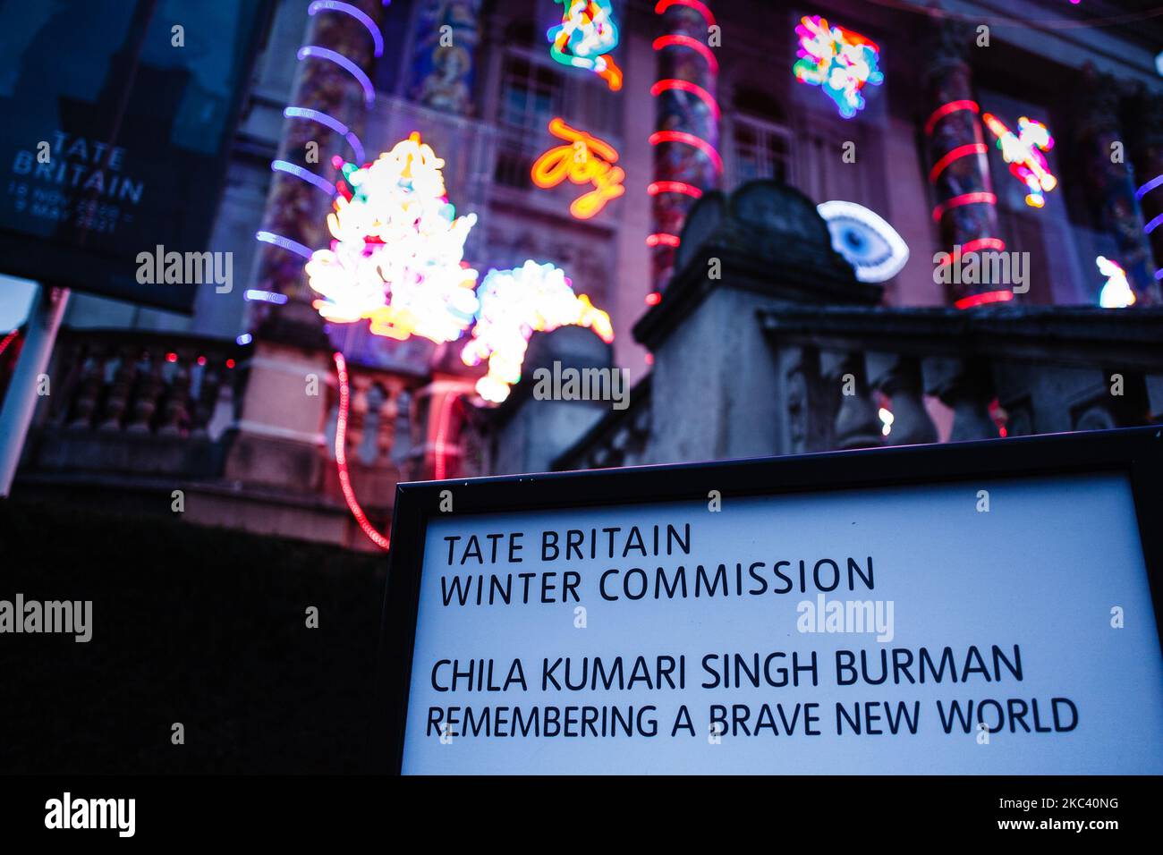 Neon light installation 'Remembering A Brave New World', by British artist Chila Kumari Singh Burman, covers the facade of the Tate Britain art gallery in London, England, on November 13, 2020. The work, noted to combine 'Hindu mythology, Bollywood imagery, colonial history and personal memories' (including Burman's family's ice-cream van), forms the fourth annual Winter Commission at the gallery and was unveiled today, on the eve of Diwali, the Indian festival of lights. The installation will be in place until January 31 next year. (Photo by David Cliff/NurPhoto) Stock Photo