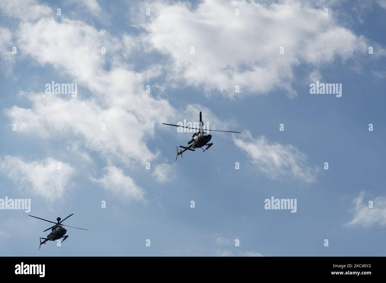 Kiowa Warrior helicopter during an air show. Greek Air Force Bell OH-58 flying during the National Oxi Day parade in Thessaloniki, Greece. Stock Photo
