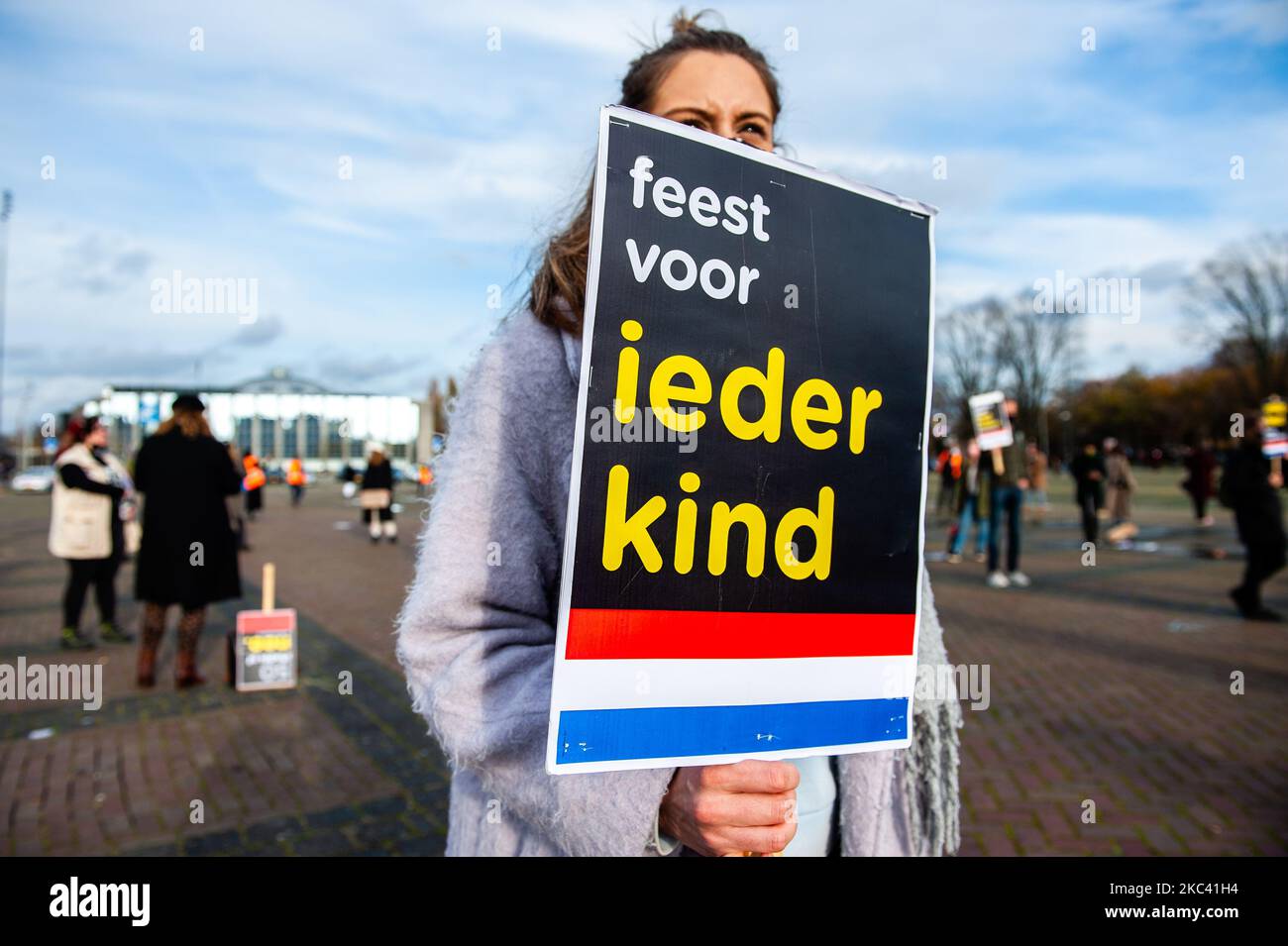 A woman is holding a placard against Black Pete, during the anti-Black Piet protest in Breda, on November 14th, 2020. (Photo by Romy Arroyo Fernandez/NurPhoto) Stock Photo