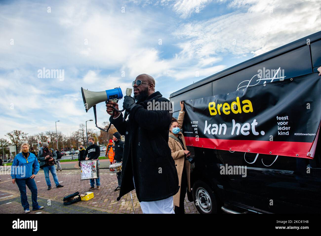 A black man is giving a speech during the anti-Black Piet protest in Breda, on November 14th, 2020. (Photo by Romy Arroyo Fernandez/NurPhoto) Stock Photo