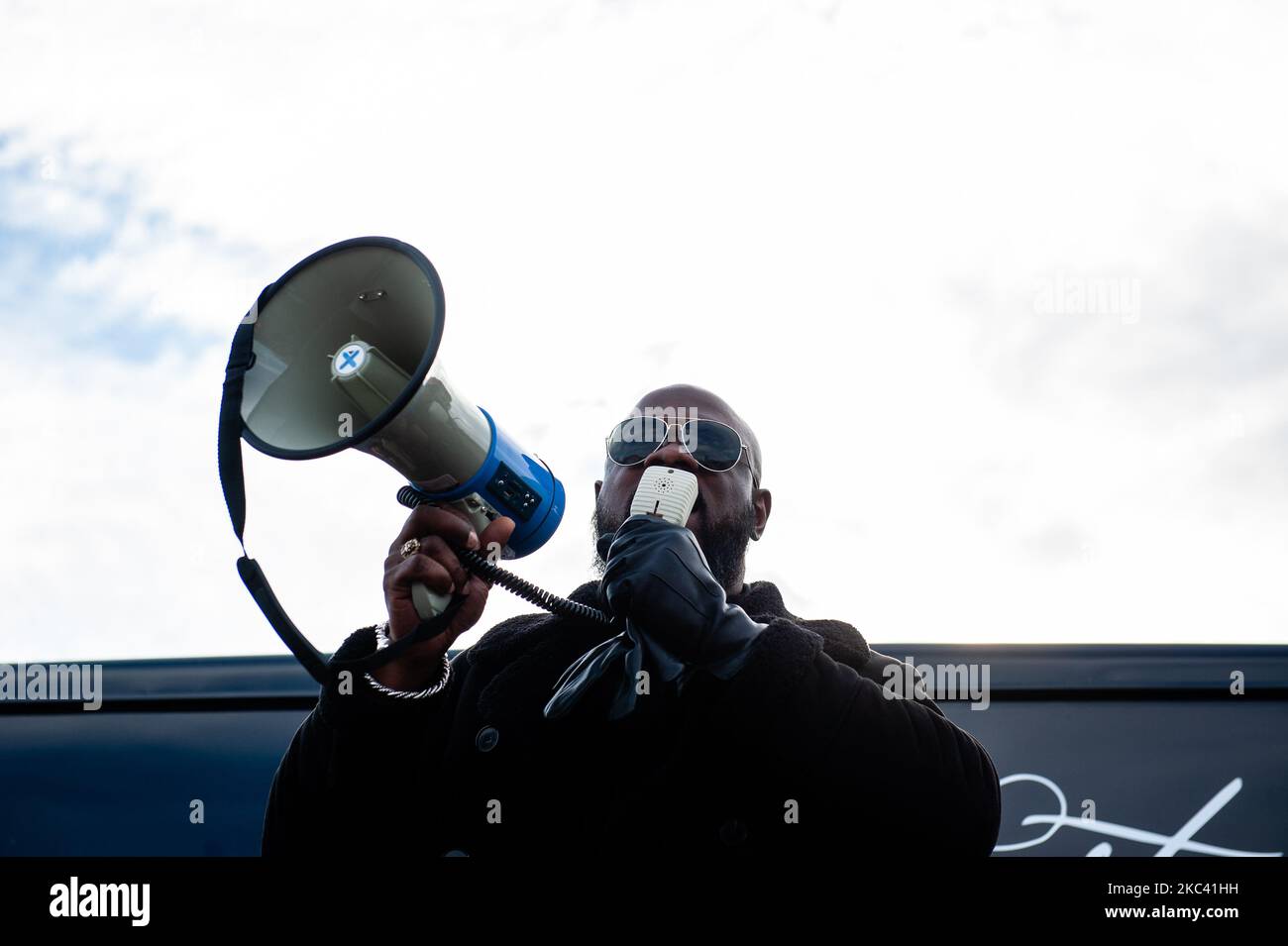 A black man is giving a speech during the anti-Black Piet protest in Breda, on November 14th, 2020. (Photo by Romy Arroyo Fernandez/NurPhoto) Stock Photo