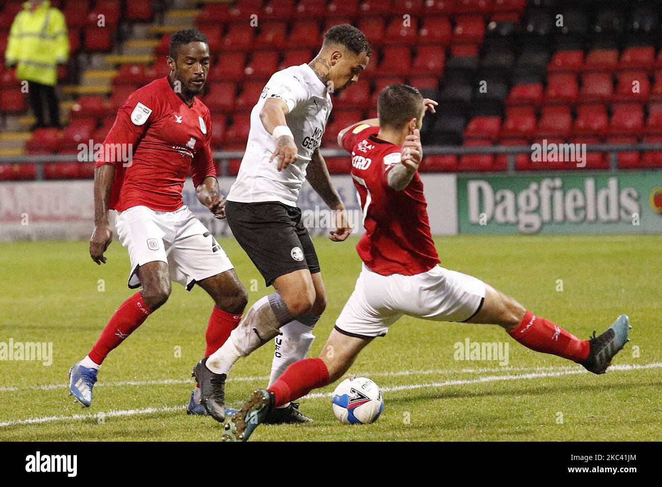 Peterboroughs Jonson Clarke - Harris has a shot blocked second half during the Sky Bet League 1 match between Crewe Alexandra and Peterborough at Alexandra Stadium, Crewe on Saturday 14th November 2020. (Photo by Chris Donnelly/MI News/NurPhoto) Stock Photo