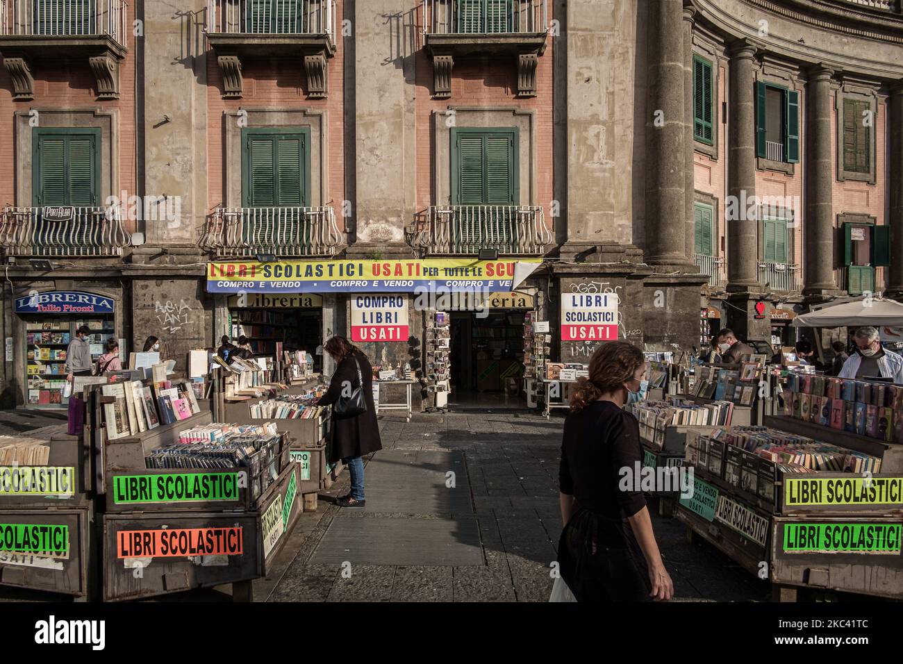 A bookshop in Piazza Dante near the entrance to Port'alba during the  Covid-19 epidemic in Naples, Italy, on November 14, 2020. The numerous  bookshops in Port'alba are an important place for Parthenopean