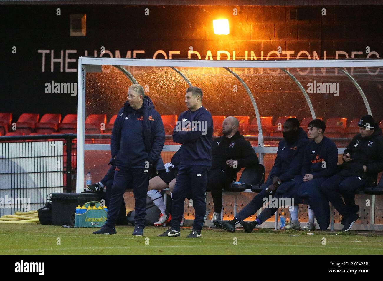 Darlington manager Alun Armstrong and assistant manager Darren Holloway during the Vanarama National League North match between Darlington and AFC Telford United at Blackwell Meadows, Darlington on Saturday 14th November 2020. (Photo by Mark Fletcher/MI News/NurPhoto) Stock Photo