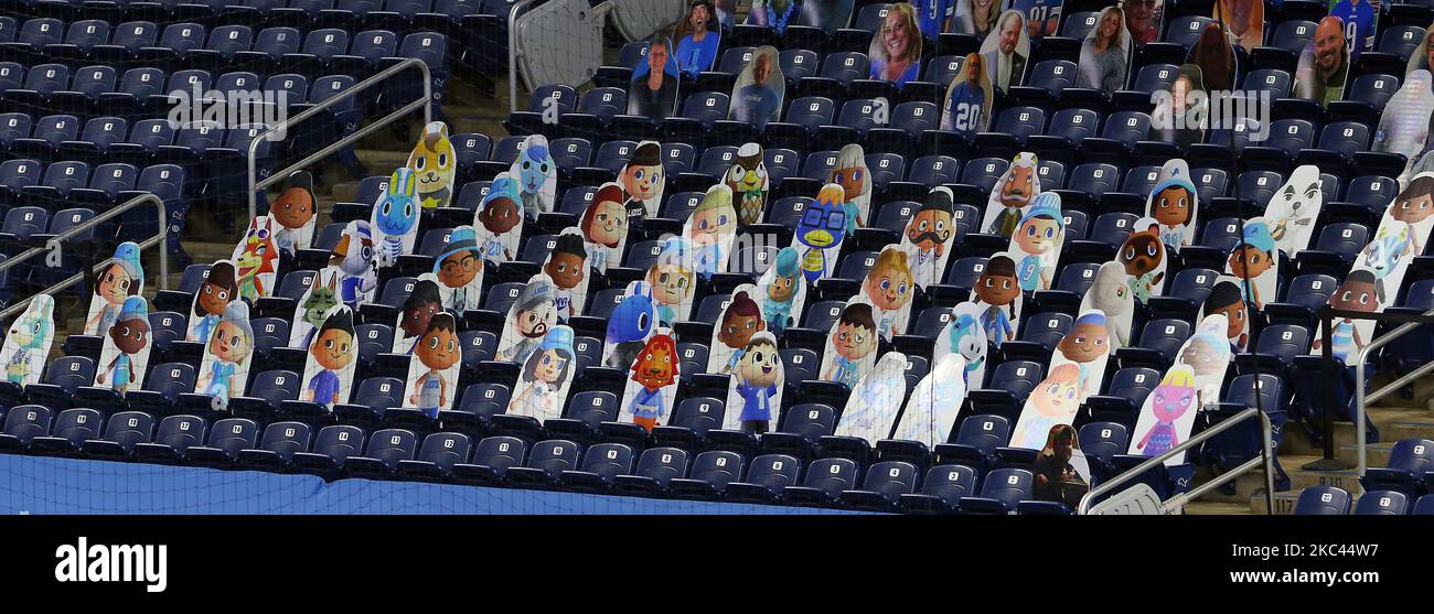 Cutout photos of characters from the online game Animal Crossing are placed in the spectator seating area near the endzone during the first half of an NFL football game between the Washington Football Team and the Detroit Lions in Detroit, Michigan USA, on Sunday, November 15, 2020. (Photo by Amy Lemus/NurPhoto) Stock Photo