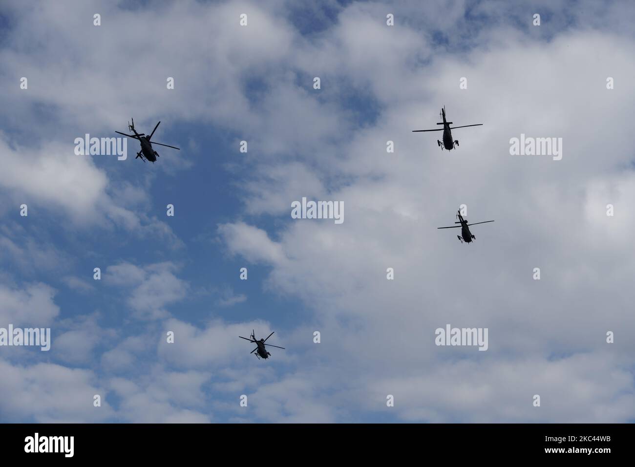 Kiowa Warrior helicopters during an air show. Greek Air Force Bell OH-58 flying during the National Oxi Day parade in Thessaloniki, Greece. Stock Photo