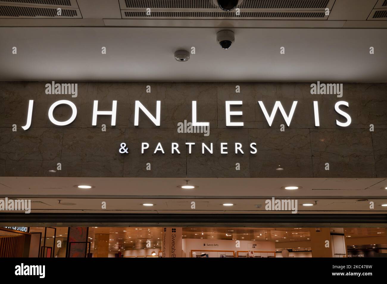 Glasgow, UK- Sept 10, 2022: The sign for John Lewis store in downtown Glasgow, Scotland Stock Photo