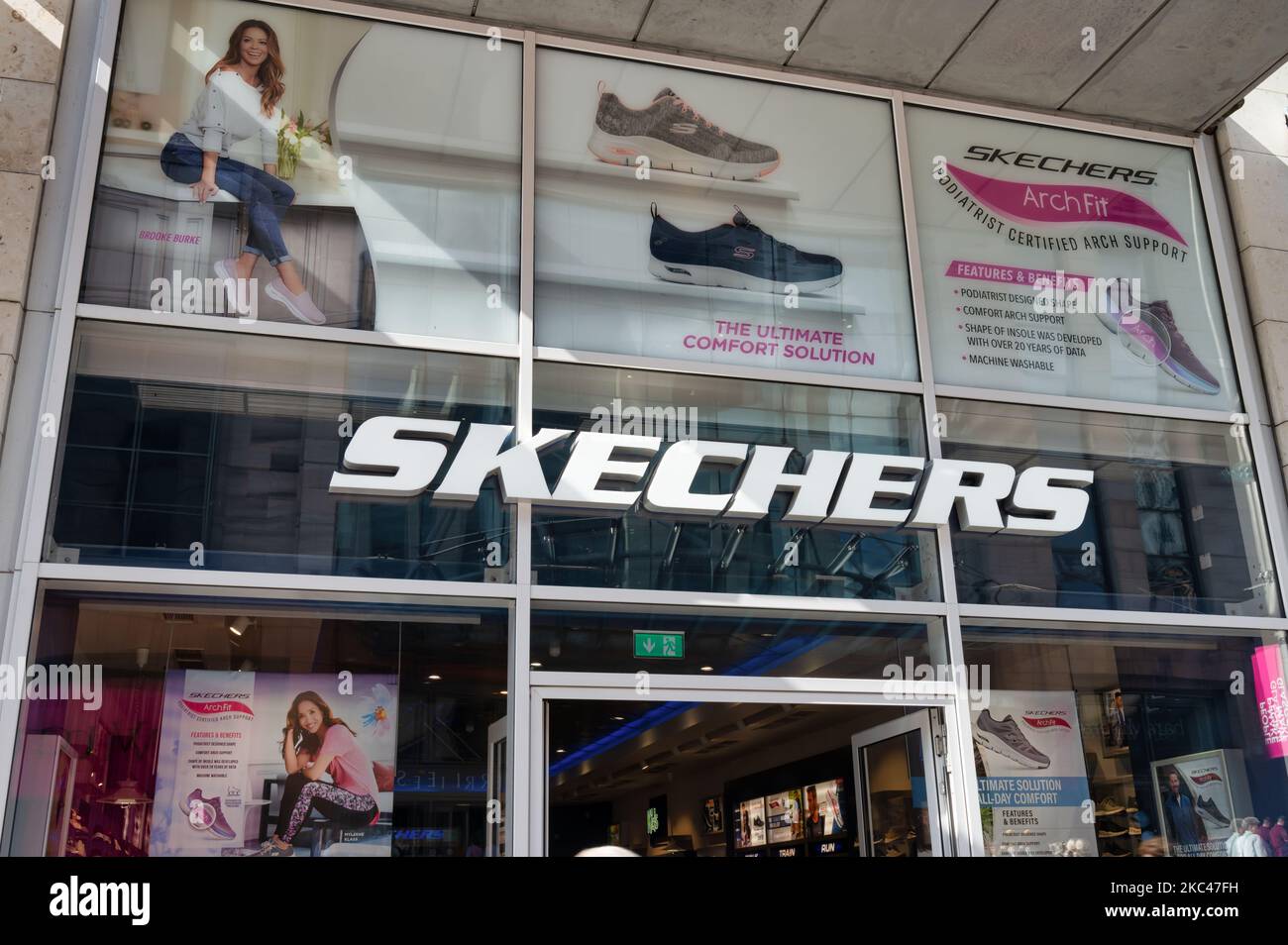 Glasgow, UK- Sept 10, 2022: The sign for Skechers shoe store in downtown Glasgow, Scotland Stock Photo