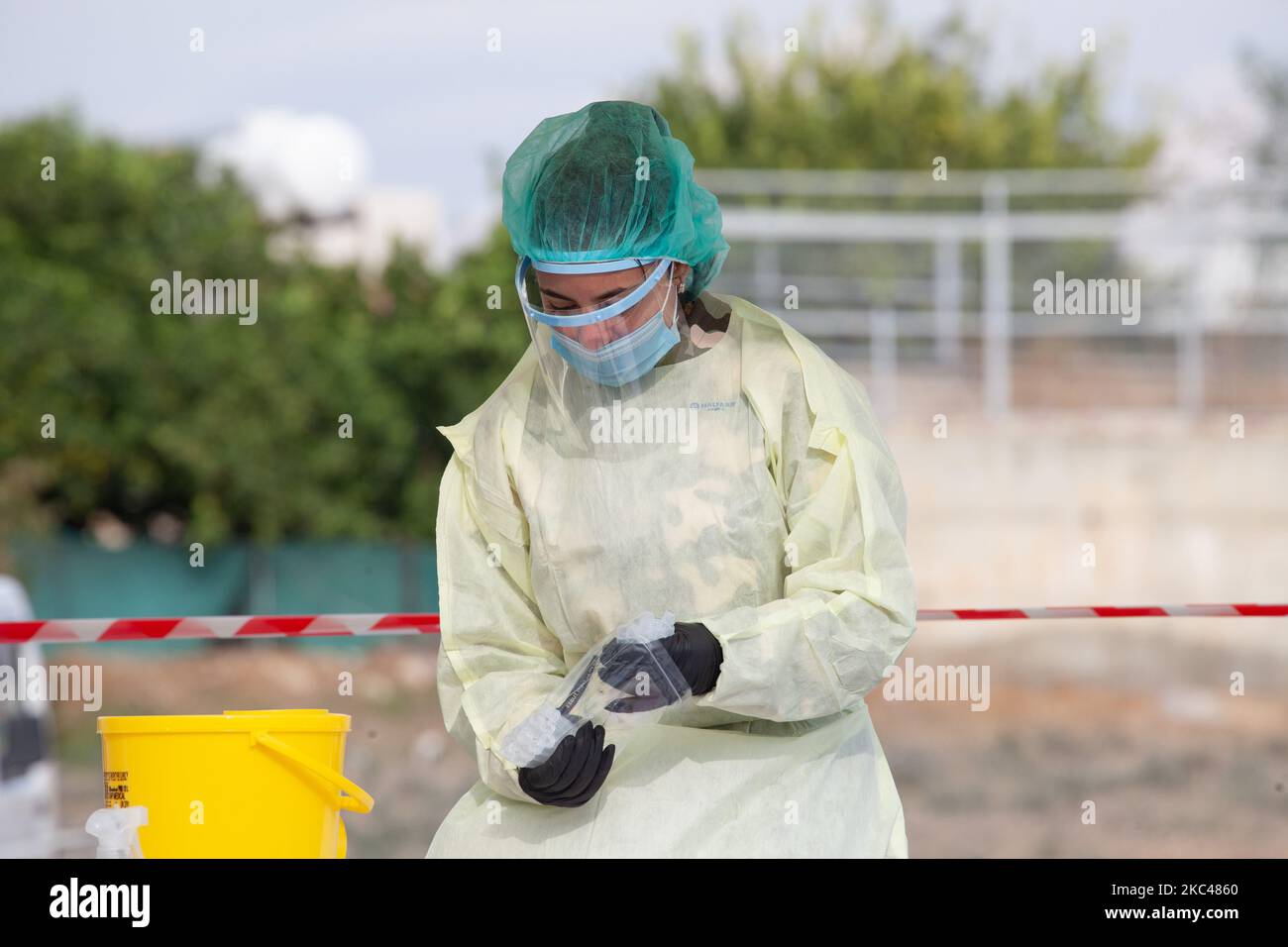 A medical worker, during the Rapid test for COVID-19, in Yeri, municipality of Nicosia, Cyprus on Nov. 19, 2020. (Photo by George Christophorou/NurPhoto) Stock Photo