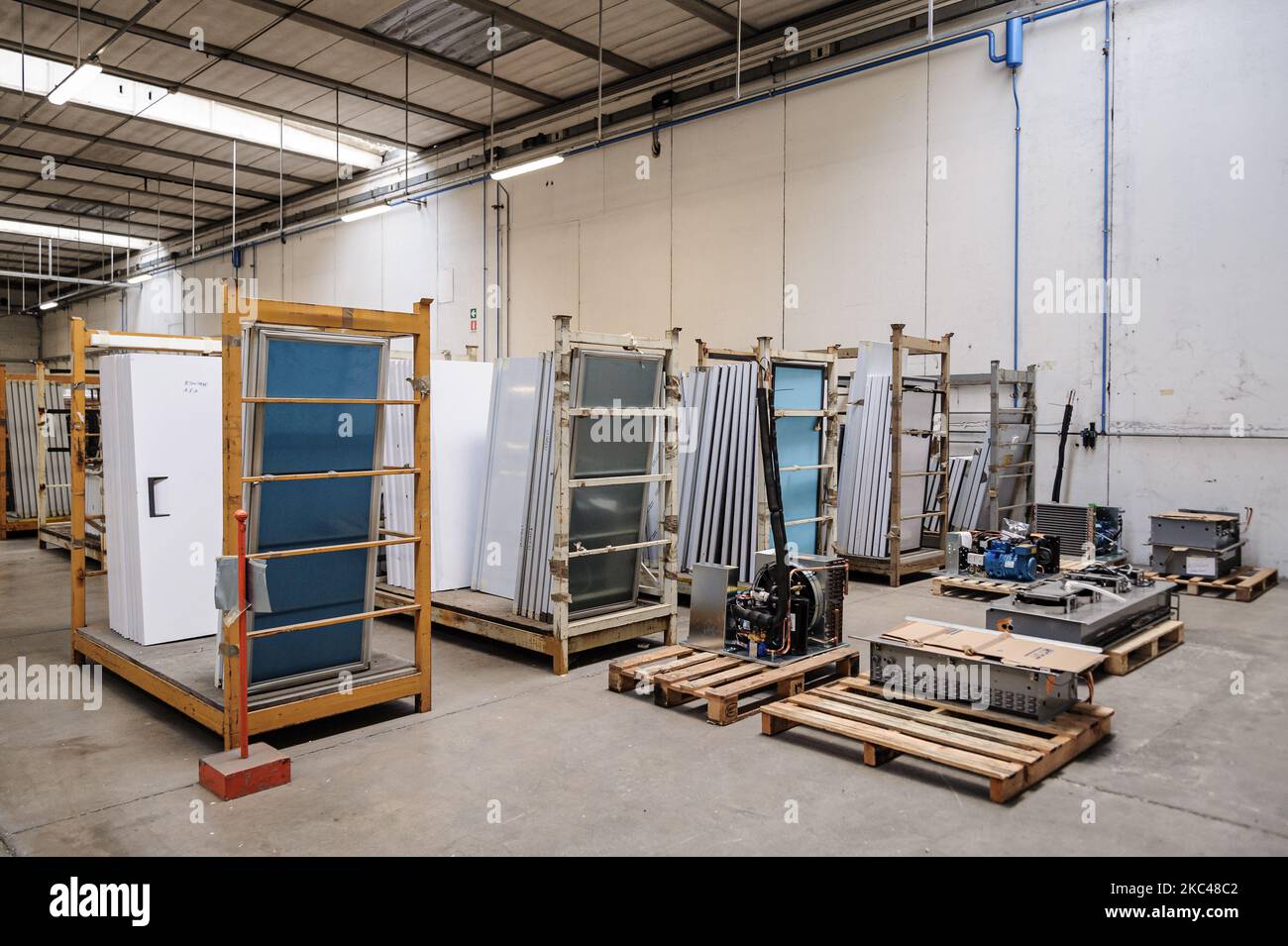 Refrigerators produced by the Italian company Desmon inside the industrial warehouse duo in Nusco in Avellino, southern Italy, on November 19, 2020. Desmon is a company from southern Italy, and works in the refrigeration sector, and will be the producer of the new transport and refrigerated storage system for the new American vaccine of the company Pfizer against the Covid-19 virus, which requires it to be stored at a temperature of -80 C, an extreme specification that only the Italian company Desmon has been able to complete with its two refrigeration systems, one for transport that manages t Stock Photo