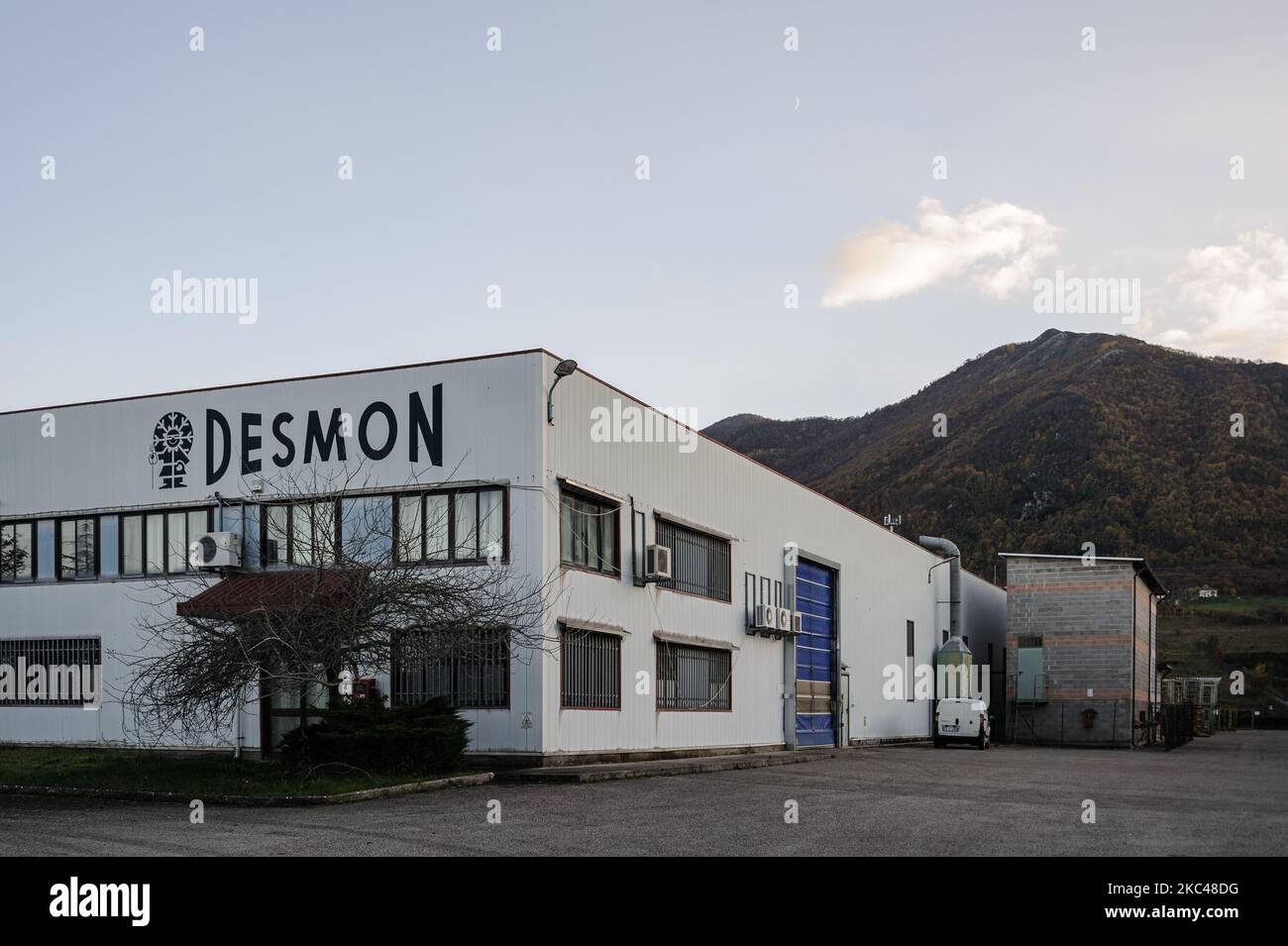 An outdoor view of the industrial shed of the Italian company Desmon, in Nusco in Avellino, southern Italy, on November 19, 2020. Desmon is a company from southern Italy, and works in the refrigeration sector, and will be the producer of the new transport and refrigerated storage system for the new American vaccine of the company Pfizer against the Covid-19 virus, which requires it to be stored at a temperature of -80 C, an extreme specification that only the Italian company Desmon has been able to complete with its two refrigeration systems, one for transport that manages to contain 180,000 d Stock Photo