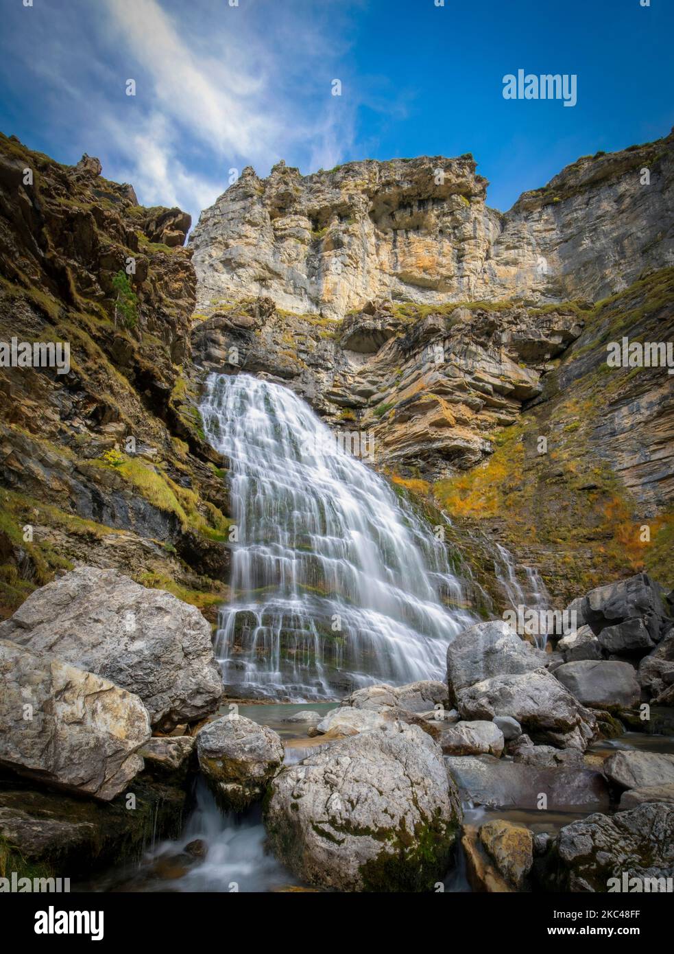 Spectacular view of the Cola de Caballo waterfall in the Ordesa y Monte Perdido National Park in