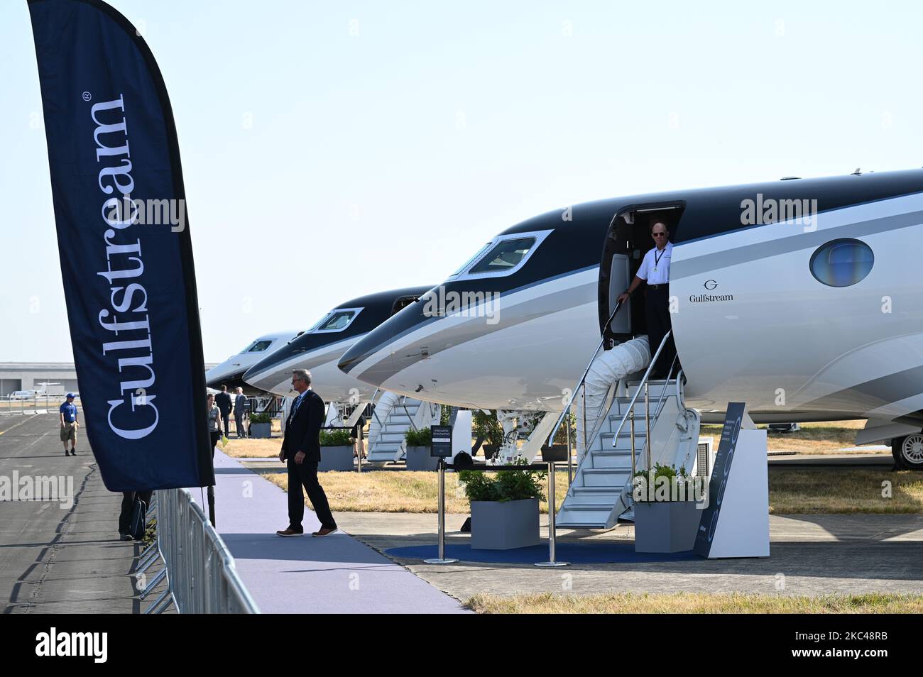 A view of Farnborough International Airshow- Gulfstream Private jet displayed at the event Stock Photo