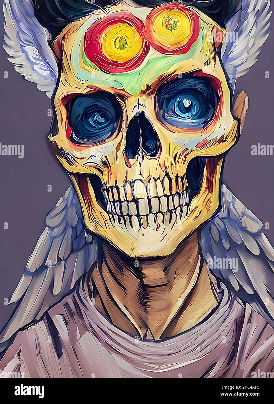 The abstract, colorful paintings of angel skulls, portrait, vertical Stock Photo